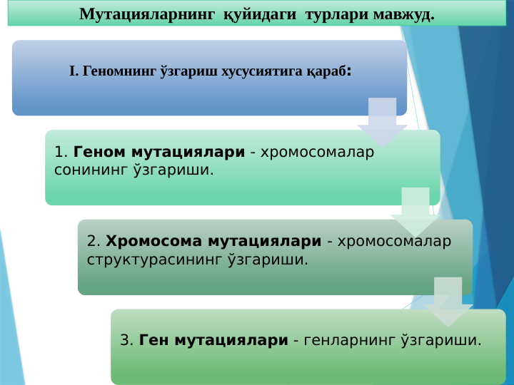 Мутацияларнинг  қуйидаги  турлари мавжуд.
I. Геномнинг ўзгариш хусусиятига қараб:
1. Геном мутациялари - хромосомалар 
сонининг ўзгариши.
2. Хромосома мутациялари - хромосомалар 
структурасининг ўзгариши.
3. Ген мутациялари - генларнинг ўзгариши.
