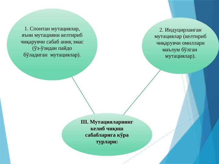 III. Мутацияларнинг 
келиб чиқиш 
сабабларига кўра 
турлари:
1. Спонтан мутациялар, 
яъни мутацияни келтириб 
чиқарувчи сабаб аниқ эмас 
(ўз-ўзидан пайдо 
бўладиган  мутациялар).
2. Индуцирланган 
мутациялар (келтириб 
чиқарувчи омиллари 
маълум бўлган  
мутациялар).
