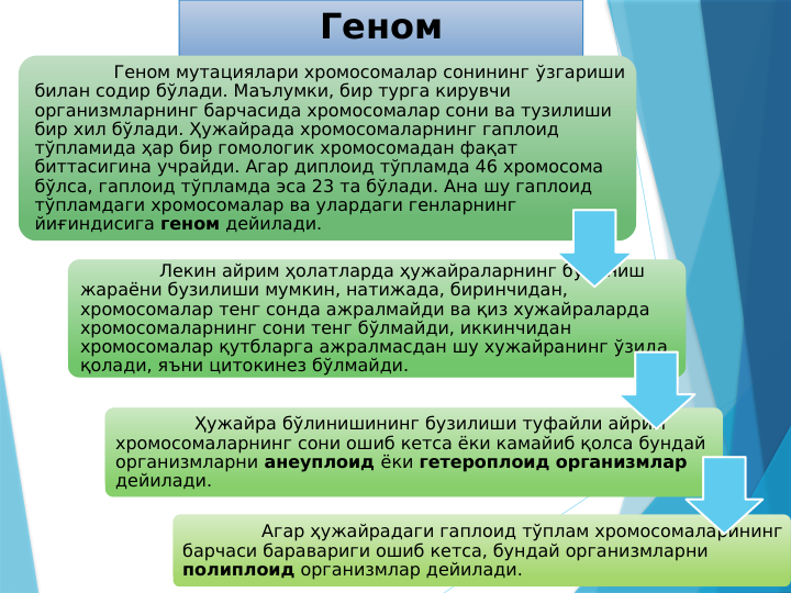 Геном 
мутациялари
Геном мутациялари хромосомалар сонининг ўзгариши 
билан содир бўлади. Маълумки, бир турга кирувчи 
организмларнинг барчасида хромосомалар сони ва тузилиши 
бир хил бўлади. Ҳужайрада хромосомаларнинг гаплоид 
тўпламида ҳар бир гомологик хромосомадан фақат 
биттасигина учрайди. Агар диплоид тўпламда 46 хромосома 
бўлса, гаплоид тўпламда эса 23 та бўлади. Ана шу гаплоид 
тўпламдаги хромосомалар ва улардаги генларнинг 
йиғиндисига геном дейилади. 
Лекин айрим ҳолатларда ҳужайраларнинг бўлиниш 
жараёни бузилиши мумкин, натижада, биринчидан, 
хромосомалар тенг сонда ажралмайди ва қиз хужайраларда 
хромосомаларнинг сони тенг бўлмайди, иккинчидан 
хромосомалар қутбларга ажралмасдан шу хужайранинг ўзида 
қолади, яъни цитокинез бўлмайди.
Ҳужайра бўлинишининг бузилиши туфайли айрим 
хромосомаларнинг сони ошиб кетса ёки камайиб қолса бундай 
организмларни анеуплоид ёки гетероплоид организмлар 
дейилади.
 
Агар ҳужайрадаги гаплоид тўплам хромосомаларининг 
барчаси баравариги ошиб кетса, бундай организмларни 
полиплоид организмлар дейилади.

