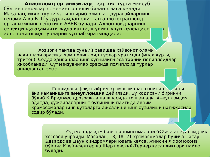 Аллоплоид организмлар – ҳар хил турга мансуб 
бўлган геномлар сонининг ошиши билан юзага келади. 
Масалан, икки турни чатиштириб олинган дурагайларнинг 
геноми А ва В. Шу дурагайдан олинган аллотетраплоид 
организмнинг генотипи ААВВ бўлади. Аллоплоидларнинг 
селекцияда аҳамияти жуда катта, шунинг учун селекционерлар 
аллополиплоид турларни кўплаб яратмоқдалар.
Ҳозирги пайтда сунъий равишда ҳайвонот олами 
вакиллари орасида хам полиплоид турлар яратилди (ипак қурти, 
тритон). Содда ҳайвонларнинг кўпчилиги эса табиий полиплоидлар 
ҳисобланади. Сутэмизувчилар орасида полиплоид турлар 
аниқланган эмас.
Геномдаги фақат айрим хромосомалар сонининг ошиши 
ёки камайишига анеуплоидия дейилади. Бу ходисани биринчи 
бўлиб К.Бриджес дрозофила пашшасида топган эди. Анеуплоидия 
одатда, ҳужайраларнинг бўлиниши пайтида айрим 
хромосомаларнинг қутбларга ажралишининг бузилиши натижасида 
содир бўлади.
Одамларда ҳам барча хромосомалари бўйича анеуплоидлик 
хоссаси учрайди. Масалан, 13, 18, 21 хромосомалар бўйича Патау, 
Эдвардс ва Даун синдромлари юзага келса, жинсий Х хромосома 
бўйича Клейнфелтер ва Шершевский-Тернер касалликлари пайдо 
бўлади. 
