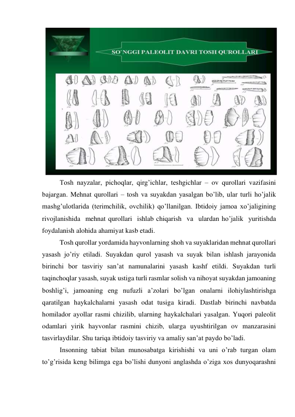  
Tosh nayzalar, pichoqlar, qirg’ichlar, teshgichlar – ov qurollari vazifasini 
bajargan. Mehnat qurollari – tosh va suyakdan yasalgan bo’lib, ular turli ho’jalik 
mashg’ulotlarida (terimchilik, ovchilik) qo’llanilgan. Ibtidoiy jamoa xo’jaligining  
rivojlanishida  mehnat qurollari  ishlab chiqarish  va  ulardan ho’jalik  yuritishda 
foydalanish alohida ahamiyat kasb etadi. 
Tosh qurollar yordamida hayvonlarning shoh va suyaklaridan mehnat qurollari 
yasash jo’riy etiladi. Suyakdan qurol yasash va suyak bilan ishlash jarayonida 
birinchi bor tasviriy san’at namunalarini yasash kashf etildi. Suyakdan turli 
taqinchoqlar yasash, suyak ustiga turli rasmlar solish va nihoyat suyakdan jamoaning 
boshlig’i, jamoaning eng nufuzli a’zolari bo’lgan onalarni ilohiylashtirishga 
qaratilgan haykalchalarni yasash odat tusiga kiradi. Dastlab birinchi navbatda 
homilador ayollar rasmi chizilib, ularning haykalchalari yasalgan. Yuqori paleolit 
odamlari yirik hayvonlar rasmini chizib, ularga uyushtirilgan ov manzarasini 
tasvirlaydilar. Shu tariqa ibtidoiy tasviriy va amaliy san’at paydo bo’ladi. 
Insonning tabiat bilan munosabatga kirishishi va uni o’rab turgan olam 
to’g’risida keng bilimga ega bo’lishi dunyoni anglashda o’ziga xos dunyoqarashni 
