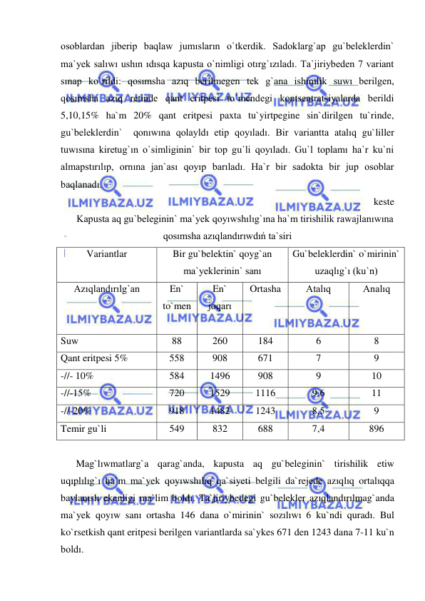  
 
osoblardan jiberip baqlaw jumısların o`tkerdik. Sadoklarg`ap gu`beleklerdin` 
ma`yek salıwı ushın ıdısqa kapusta o`nimligi otırg`ızıladı. Ta`jiriybeden 7 variant 
sınap ko`rildi: qosımsha azıq berilmegen tek g`ana ishimlik suwı berilgen, 
qosımsha azıq retinde qant eritpesi to`mendegi kontsentratsiyalarda berildi 
5,10,15% ha`m 20% qant eritpesi paxta tu`yirtpegine sin`dirilgen tu`rinde, 
gu`beleklerdin`  qonıwına qolayldı etip qoyıladı. Bir variantta atalıq gu`liller 
tuwısına kiretug`ın o`simliginin` bir top gu`li qoyıladı. Gu`l toplamı ha`r ku`ni 
almapstırılıp, ornına jan`ası qoyıp barıladı. Ha`r bir sadokta bir jup osoblar 
baqlanadı. 
keste 
Kapusta aq gu`beleginin` ma`yek qoyıwshılıg`ına ha`m tirishilik rawajlanıwına 
qosımsha azıqlandırıwdıń ta`siri 
Variantlar 
Bir gu`belektin` qoyg`an 
ma`yeklerinin` sanı 
Gu`beleklerdin` o`mirinin` 
uzaqlıg`ı (ku`n) 
Azıqlandırılg`an 
En` 
to`men 
 
En` 
joqarı 
 
Ortasha 
 
Atalıq 
 
Analıq 
 
Suw 
88 
260 
184 
6 
8 
Qant eritpesi 5% 
558 
908 
671 
7 
9 
-//- 10% 
584 
1496 
908 
9 
10 
-//-15% 
720 
1529 
1116 
9,6 
11 
-//-20% 
918 
1482 
1243 
8,5 
9 
Temir gu`li 
549 
832 
688 
7,4 
896 
 
Mag`lıwmatlarg`a qarag`anda, kapusta aq gu`beleginin` tirishilik etiw 
uqıplılıg`ı ha`m ma`yek qoyıwshılıq qa`siyeti belgili da`rejede azıqlıq ortalıqqa 
baylanıslı ekenligi ma`lim boldı. Ta`jiriybedegi gu`belekler azıqlandırılmag`anda 
ma`yek qoyıw sanı ortasha 146 dana o`mirinin` sozılıwı 6 ku`ndi quradı. Bul 
ko`rsetkish qant eritpesi berilgen variantlarda sa`ykes 671 den 1243 dana 7-11 ku`n 
boldı. 
