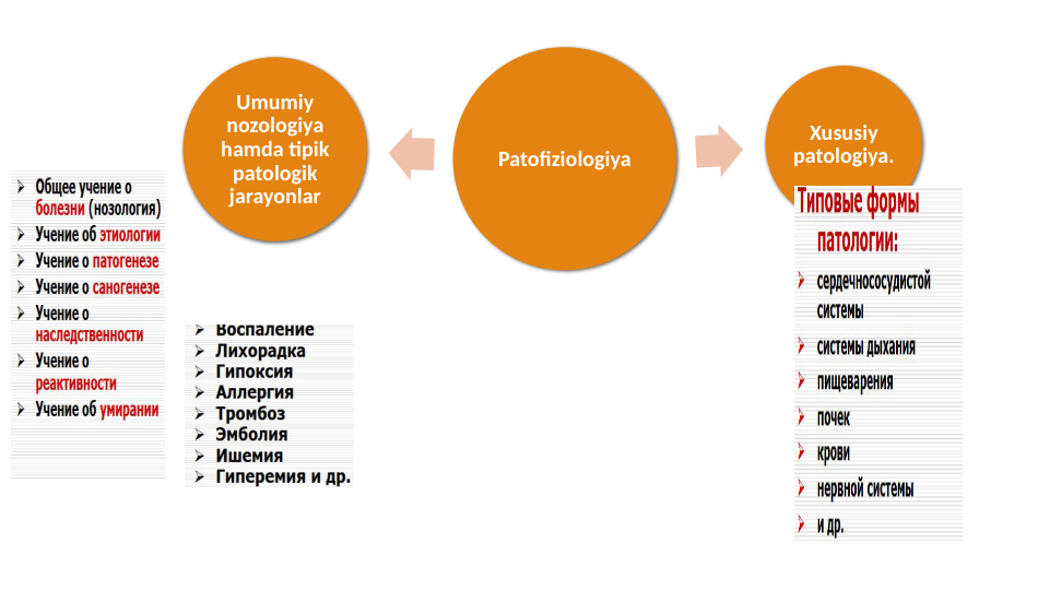 Patofiziologiya
Xususiy 
patologiya.
Umumiy 
nozologiya 
hamda tipik 
patologik 
jarayonlar
