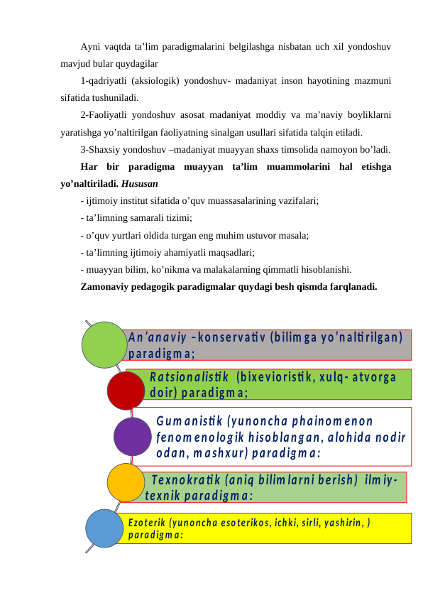 Ayni vaqtda ta’lim paradigmalarini belgilashga nisbatan uch xil yondoshuv
mavjud bular quydagilar
1-qadriyatli (aksiologik) yondoshuv- madaniyat inson hayotining mazmuni
sifatida tushuniladi.
2-Faoliyatli yondoshuv asosat madaniyat moddiy va ma’naviy boyliklarni
yaratishga yo’naltirilgan faoliyatning sinalgan usullari sifatida talqin etiladi.
3-Shaxsiy yondoshuv –madaniyat muayyan shaxs timsolida namoyon bo’ladi.
Har  bir  paradigma  muayyan  ta’lim  muammolarini  hal  etishga
yo’naltiriladi. Hususan
- ijtimoiy institut sifatida o’quv muassasalarining vazifalari;
- ta’limning samarali tizimi;
- o’quv yurtlari oldida turgan eng muhim ustuvor masala;
- ta’limning ijtimoiy ahamiyatli maqsadlari;
- muayyan bilim, ko’nikma va malakalarning qimmatli hisoblanishi.
Zamonaviy pedagogik paradigmalar quydagi besh qismda farqlanadi.
A n’anaviy –konservati v (bilim ga yo’nalti rilgan) 
parad igm a;
Ratsionalisti k  (bixevioristi k, xulq- atvorga 
doir) p aradigm a; 
G um anisti k (yunoncha phainom enon 
fenom enologik hisoblangan, alohida nodir 
odan, m ashxur) paradigm a :
  Texnokrati k (aniq bilim larni berish)  ilm iy-
texnik paradigm a :   
Ezoterik (yunoncha esoterikos, ichki, sirli, yashirin, ) 
paradigm a : 
