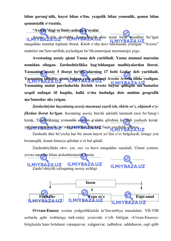  
 
bilan qorong‘ulik, hayot bilan o‘lim, yezgulik bilan yomonlik, qonun bilan 
qonunsizlik o‘rtasida. 
“Avesto”dagi ta’limiy-axloqiy g‘oyalar 
Avesta o‘zida dastlabki Zardushtiylik dini nomi bilan mashhur bo‘lgan 
muqaddas matnlar toplami iborat. Kitob o‘sha davr lahchasida yozilgan. “Avesto” 
matnlari ma’lum tartibda joylashgan bo‘lib,umurojaat mazmuniga yega.  
Avestoning asosiy qismi Yasna deb yuritiladi, Yasna atamasi marosim 
nomidan olingan. Zardushtiylikka bag‘ishlangan madhiyalardan iborat. 
Yasnaning asosiy 5 iborat bo‘lib, ularning 17 bobi Gotlar deb yuritiladi. 
Yasnaning tarkibiy qismi bolgan yeng qadimgi Avesto Avesto tilida yozilgan. 
Yasnaning matni parchalarida Kichik Avesto bayon qilingan ma’lumotlar 
orqali nafaqat til haqida, balki o‘sha hududga doir muhim geografik 
ma’lumotlar aks yetgan. 
Zardushtiylar hayotining asosiy mazmuni xayrli ish, shirin so‘z, olijanob o‘y-
fikrdan iborat bo‘lgan. Insonning asosiy burchi adolatli turmush tarzi bo‘lmog‘i 
kerak. Yaxshilikning yomonlik ustidan g‘alaba qilishini ko‘zlab yashash kerak: 
yolg‘on gapirmaslik, so‘zning ustidan chiqmoq, faqat yaxshilik qilmoq. 
Zardusht dini bo‘yicha har bir inson hayot yo‘lini o‘zi belgilaydi; kimga yon 
bosmoqlik, kimni himoya qilishni o‘zi hal qiladi. 
Zardushtiylikda olov, yer, suv va havo muqaddas sanaladi. Ularni yomon, 
yovuz narsalar bilan aralashtirmaslik lozim. 
 
Zardo‘shtiylik axloqining asosiy uchligi 
 
Inson 
 
Ezgu fikr 
 
Ezgu so‘z 
 
Ezgu amal 
 
O‘rxun-Enasoy yozma yodgorliklarida ta’lim-tarbiya masalalari. VII-VIII 
asrlarda qabr toshlariga turk-runiy yozuvida o‘yib bitilgan «Urxun-Enasoy» 
bitiglarida ham bolalarni vatanparvar, xalqparvar, tadbirkor, uddaburon, oqil qilib 
