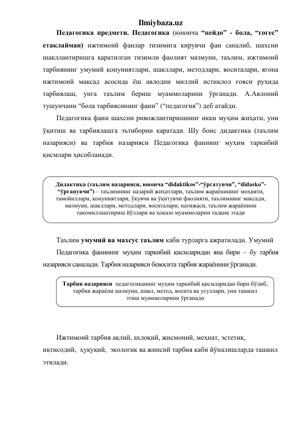 Ilmiybaza.uz 
Педагогика предмети. Педагогика (юнонча “пейдо” - бола, “гогес” 
етаклайман) ижтимоий фанлар тизимига кирувчи фан саналиб, шахсни 
шакллантиришга қаратилган тизимли фаолият мазмуни, таълим, ижтимоий 
тарбиянинг умумий қонуниятлари, шакллари, методлари, воситалари, ягона 
ижтимоий мақсад асосида ёш авлодни миллий истиқлол ғояси руҳида 
тарбиялаш, унга таълим бериш муаммоларини ўрганади. А.Авлоний 
тушунчани “бола тарбиясининг фани” (“педагогия”) деб атайди. 
Педагогика фани шахсни ривожлантиришнинг икки муҳим жиҳати, уни 
ўқитиш ва тарбиялашга эътиборни қаратади. Шу боис дидактика (таълим 
назарияси) ва тарбия назарияси Педагогика фаннинг муҳим таркибий 
қисмлари ҳисобланади. 
 
 
 
 
 
 
Таълим умумий ва махсус таълим каби турларга ажратилади. Умумий  
Педагогика фанининг муҳим таркибий қисмларидан яна бири – бу тарбия 
назарияси саналади. Тарбия назарияси бевосита тарбия жараёнини ўрганади. 
 
 
 
 
 
Ижтимоий тарбия ақлий, ахлоқий, жисмоний, меҳнат, эстетик, 
иқтисодий,  ҳуқуқий,  экологик ва жинсий тарбия каби йўналишларда ташкил 
этилади. 
 
Дидактика (таълим назарияси, юнонча “didaktikos”-“ўргатувчи”, “didasko”-
“ўрганувчи”) – таълимнинг назарий жиҳатлари, таълим жараёнининг моҳияти, 
тамойиллари, қонуниятлари, ўқувчи ва ўқитувчи фаолияти, таълимнинг мақсади, 
мазмуни, шакллари, методлари, воситалари, натижаси, таълим жараёнини 
такомиллаштириш йўллари ва ҳоказо муаммоларни тадқиқ этади 
Тарбия назарияси  педагогиканинг муҳим таркибий қисмларидан бири бўлиб, 
тарбия жараёни мазмуни, шакл, метод, восита ва усуллари, уни ташкил  
этиш муаммоларини ўрганади 
