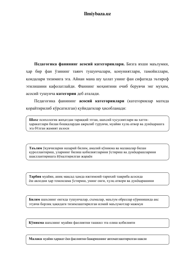 Ilmiybaza.uz 
 
 
 
 
 
 
Педагогика фанининг асосий категориялари. Бизга яхши маълумки, 
ҳар бир фан ўзининг таянч тушунчалари, қонуниятлари, тамойиллари, 
қоидалари тизимига эга. Айнан мана шу ҳолат унинг фан сифатида эътироф 
этилишини кафолатлайди. Фаннинг моҳиятини очиб берувчи энг муҳим, 
асосий тушунча категория деб аталади.  
Педагогика фанининг асосий категориялари (категориялар матнда 
қорайтирилиб кўрсатилган) қуйидагилар ҳисобланади:  
 
 
 
 
 
 
 
 
 
 
 
 
 
 
 
 
 
Шахс психологик жиҳатдан тараққий этган, шахсий хусусиятлари ва хатти-
ҳаракатлари билан бошқалардан ажралиб турувчи, муайян хулқ-атвор ва дунёқарашга 
эга бўлган жамият аъзоси 
Тарбия муайян, аниқ мақсад ҳамда ижтимоий-тарихий тажриба асосида  
ёш авлодни ҳар томонлама ўстириш, унинг онги, хулқ-атвори ва дунёқарашини  
таркиб топтириш жараёни 
Таълим ўқувчиларни назарий билим, амалий кўникма ва малакалар билан 
қуроллантириш, уларнинг билиш қобилиятларини ўстириш ва дунёқарашларини 
шакллантиришга йўналтирилган жараён 
Билим шахснинг онгида тушунчалар, схемалар, маълум образлар кўринишида акс 
этувчи борлиқ ҳақидаги тизимлаштирилган илмий маълумотлар мажмуи 
Кўникма шахснинг муайян фаолиятни ташкил эта олиш қобилияти 
Малака муайян ҳаракат ёки фаолиятни бажаришнинг автоматлаштирилган шакли 
