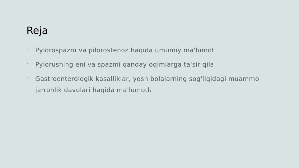Reja

Pylorospazm va pilorostenoz haqida umumiy ma'lumotlar

Pylorusning eni va spazmi qanday oqimlarga ta'sir qiladi.

Gastroenterologik kasalliklar, yosh bolalarning sog'liqidagi muammolar, 
jarrohlik davolari haqida ma'lumotlar
