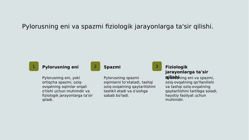Pylorusning eni va spazmi fiziologik jarayonlarga ta'sir qilishi.
1
Pylorusning eni
Pylorusning eni, yoki 
ortiqcha spazmi, oziq-
ovqatning oqimlar orqali 
o'tishi uchun muhimdir va 
fiziologik jarayonlarga ta'sir 
qiladi.
2
Spazmi
Pylorusning spazmi 
oqimlarni to'xtatadi, tashqi 
oziq-ovqatning qaytarilishini 
tashkil etadi va o'sishga 
sabab bo'ladi.
3
Fiziologik 
jarayonlarga ta'sir 
qilishi
Pylorusning eni va spazmi, 
oziq-ovqatning qo'llanilishi 
va tashqi oziq-ovqatning 
qaytarilishini tartibga soladi, 
hayotiy faoliyat uchun 
muhimdir.
