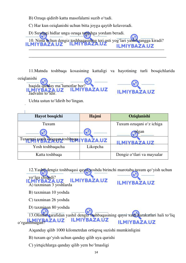  
14 
 
B) Ozuqa qidirib katta masofalarni suzib o‘tadi. 
C) Har kun oziqlanishi uchun bitta joyga qaytib kelaveradi. 
D) Suvdagi hidlar unga ozuqa topishga yordam beradi. 
10. Nima uchun dengiz toshbaqasining teri osti yog‘lari yashil rangga kiradi? 
______________________________________________________________ 
_______________________________________________________________ 
 
11.Matnda toshbaqa kosasining kattaligi va hayotining turli bosqichlarida 
oziqlanishi  
haqida qanday ma’lumotlar bor? 
Jadvalni to‘ldir. 
Uchta ustun to‘ldirib bo‘lingan. 
 
Hayot bosqichi  
Hajmi 
 
 
Oziqlanishi 
Tuxum  
 
Tuxum ozuqani o‘z ichiga 
olgan 
Tuxumni yorib chiqqan toshbaqa 
 
 
Yosh toshbaqacha  
Likopcha  
 
Katta toshbaqa  
 
Dengiz o‘tlari va maysalar 
 
12.Yashil dengiz toshbaqasi qaysi yoshda birinchi marotaba tuxum qo‘yish uchun  
yo‘lga chiqadi? 
A) taxminan 3 yoshlarda 
B) taxminan 10 yoshda  
C) taxminan 26 yoshda  
D) taxminan 80 yoshda 
13.Olimlar tarafidan yashil dengiz toshbaqasining qaysi xatti-harakatlari hali to‘liq 
o‘rganilmagan? 
A)qanday qilib 1000 kilometrdan ortiqroq suzishi mumkinligini 
B) tuxum qo‘yish uchun qanday qilib uya qurishi 
C) yirtqichlarga qanday qilib yem bo‘lmasligi 
