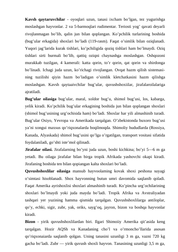 Kavsh qaytaruvchilar  - oyoqlari uzun, tanasi ixcham bo’lgan, tez yugurishga
moslashgan hayvonlar. 2 va 5-barmoqlari rudimentar. Teriosti yog’ qavati deyarli
rivojlanmagan bo’lib, qalin jun bilan qoplangan. Ko’pchilik turlarining boshida
(bug’ular erkagida)  shoxlari bo’ladi  (119-rasm). Faqat o’simlik bilan oziqlanadi.
Yuqori jag’larida kurak tishlari, ko’pchiligida qoziq tishlari ham bo’lmaydi. Oziq
tishlari  sirti  burmali  bo’lib,  qattiq  oziqni  chaynashga  moslashgan.  Oshqozoni
murakkab tuzilgan, 4 kamerali: katta qorin, to’r qorin, qat qorin va shirdonga
bo’linadi. Ichagi juda uzun, ko’richagi rivojlangan. Ovqat hazm qilish sistemasi-
ning  tuzilishi  qiyin  hazm  bo’ladigan  o’simlik  kletchatkasini  hazm  qilishga
moslashgan.  Kavsh  qaytaaivchilar  bug’ular,  quvushshoxiilar,  jirafalaroilalariga
ajratiladi.
Bug’ular oilasiga  bug’ular,  maral, xoldor bug’u, shimol bug’usi, los, kabarga,
yelik kiradi. Ko’pchilik bug’ular erkagining boshida jun bilan qoplangan shoxlari
(shimol bug’usining urg’ochisida ham) bo’ladi. Shoxlar har yili almashinib turadi.
Bug’ular Osiyo, Yevropa va Amerikada tarqalgan. O’zbekistonda buxoro bug’usi
ya’ni xongui maxsus qo’riqxonalarda boqilmoqda. Shimoliy hududlarda (Rossiya,
Kanada, Alyaskada) shimol bug’usini qo’lga o’rgatilgan, transport vositasi sifatida
foydalaniladi, go’shti iste’mol qilinadi.
Jirafalar oilasi. Jirafalarning bo’yni juda uzun, boshi kichkina; bo’yi 5—6 m ga
yetadi. Bu oilaga jirafalar bilan birga tropik Afrikada yashovchi okapi kiradi.
Jirafaning boshida ten bilan qopiangan kalta shoxlari bo’ladi.
Quvushshoxlilar  oilasiga  mansub  hayvoolaming  kovak  shoxi  peshona  suyagi
o’simtasi hisoblanadi. Shox hayvonning butun umri davomida saqlanib qoladi.
Faqat Amerika ayrishoxlisi shoxlari almashinib turadi. Ko’pincha urg’ochilarining
shoxlari  bo’lmaydi  yoki  juda mayda  bo’ladi. Tropik  Afrika  va Avstraliyadan
tashqari  yer  yuzining hamma qismida tarqalgan. Quvushshoxlilarga  antiloplar,
qo’y, echki, sigir, zubr, yak, oriks, sayg’oq, jayron, bizon va boshqa hayvonlar
kiradi.
Bizon  - yirik quvushshoxlilardan biri. Ilgari Shimoiiy Amerika qit’asida keng
tarqalgan.  Hozir  AQSh  va  Kanadaning  cho’l  va  o’rmoncho’llarida  asosan
qo’riqxonaiarda saqlanib qolgan. Uning tanasini uzunligi 3 m ga, vazni 720 kg
gacha bo’ladi. Zubr — yirik quvush shoxli hayvon. Tanasining uzunligi 3,5 m ga,
