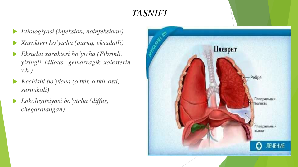 TASNIFI
 Etiologiyasi (infeksion, noinfeksioan)
 Xarakteri bo’yicha (quruq, eksudatli)
 Eksudat xarakteri bo’yicha (Fibrinli,  
yiringli, hillous,  gemorragik, xolesterin
v.h.)
 Kechishi bo’yicha (o’tkir, o’tkir osti, 
surunkali)
 Lokolizatsiyasi bo’yicha (diffuz, 
chegaralangan)
