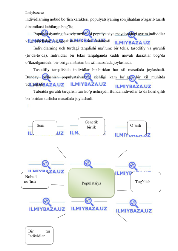 Ilmiybaza.uz 
 
individlarning nobud bo’lish xarakteri, populyatsiyaning son jihatdan o’zgarib turish 
dinamikasi kabilarga bog’liq. 
Populyatsiyaning fazoviy tuzilmasi populyatsiya maydonidagi ayrim individlar 
va guruhchalarning tarqalish harakterini ifodalaydi. 
Individlarning uch turdagi tarqalishi ma’lum: bir tekis, tasodifiy va guruhli 
(to’da-to’da). Individlar bir tekis tarqalganda xuddi mevali daraxtlar bog’da 
o’tkazilganidek, bir-biriga nisbatan bir xil masofada joylashadi. 
Tasodifiy tarqalishda individlar bir-biridan har xil masofada joylashadi. 
Bunday joylashish populyatsiyaning zichligi kam bo’lgan bir xil muhitda 
uchratiladi. 
Tabiatda guruhli tarqalish turi ko’p uchraydi. Bunda individlar to’da hosil qilib 
bir-biridan turlicha masofada joylashadi. 
 
 
 
 
 
 
 
 
 
 
 
 
 
 
 
 
 
 
 
 
Populatsiya 
 Soni  
Genetik 
birlik 
O’sish 
 Nobud 
no’lish 
 
 Tug’ilish 
Bir 
tur 
Individlar    
              
 
