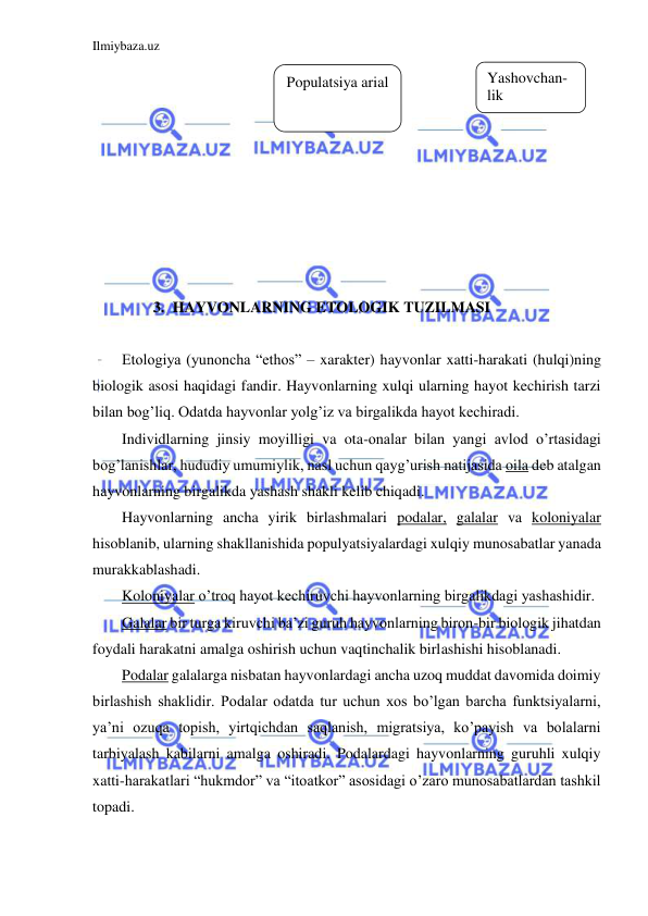 Ilmiybaza.uz 
 
 
 
 
 
                  
 
 
 
 
3. HAYVONLARNING ETOLOGIK TUZILMASI 
 
Etologiya (yunoncha “ethos” – xarakter) hayvonlar xatti-harakati (hulqi)ning 
biologik asosi haqidagi fandir. Hayvonlarning xulqi ularning hayot kechirish tarzi 
bilan bog’liq. Odatda hayvonlar yolg’iz va birgalikda hayot kechiradi. 
Individlarning jinsiy moyilligi va ota-onalar bilan yangi avlod o’rtasidagi 
bog’lanishlar, hududiy umumiylik, nasl uchun qayg’urish natijasida oila deb atalgan 
hayvonlarning birgalikda yashash shakli kelib chiqadi. 
Hayvonlarning ancha yirik birlashmalari podalar, galalar va koloniyalar 
hisoblanib, ularning shakllanishida populyatsiyalardagi xulqiy munosabatlar yanada 
murakkablashadi. 
Koloniyalar o’troq hayot kechiruvchi hayvonlarning birgalikdagi yashashidir. 
Galalar bir turga kiruvchi ba’zi guruh hayvonlarning biron-bir biologik jihatdan 
foydali harakatni amalga oshirish uchun vaqtinchalik birlashishi hisoblanadi. 
Podalar galalarga nisbatan hayvonlardagi ancha uzoq muddat davomida doimiy 
birlashish shaklidir. Podalar odatda tur uchun xos bo’lgan barcha funktsiyalarni, 
ya’ni ozuqa topish, yirtqichdan saqlanish, migratsiya, ko’payish va bolalarni 
tarbiyalash kabilarni amalga oshiradi. Podalardagi hayvonlarning guruhli xulqiy 
xatti-harakatlari “hukmdor” va “itoatkor” asosidagi o’zaro munosabatlardan tashkil 
topadi. 
 
Populatsiya arial 
Yashovchan-
lik  
