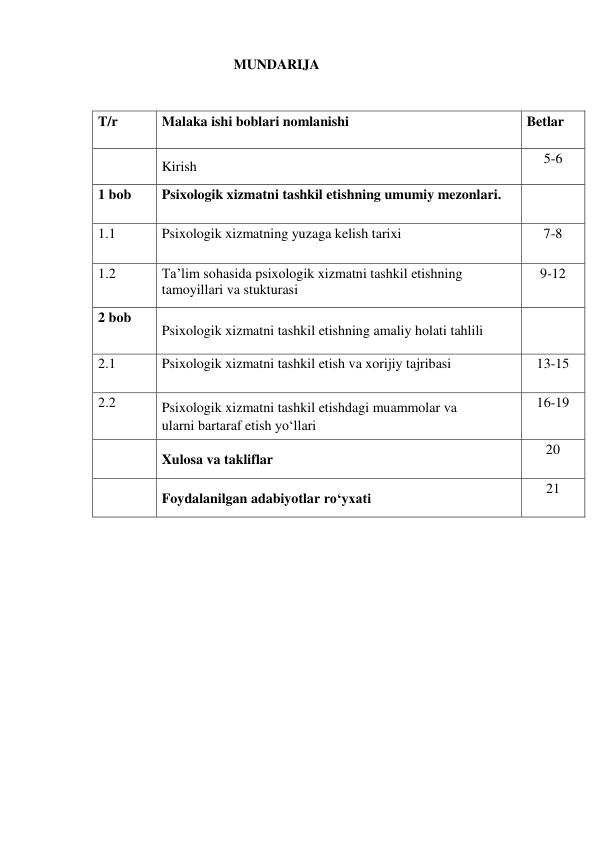 MUNDARIJA  
  
T/r  
Malaka ishi boblari nomlanishi  
Betlar  
  
Kirish  
5-6 
1 bob  
Psixologik xizmatni tashkil etishning umumiy mezonlari.  
  
1.1  
Psixologik xizmatning yuzaga kelish tarixi  
7-8  
1.2  
Ta’lim sohasida psixologik xizmatni tashkil etishning 
tamoyillari va stukturasi  
9-12  
2 bob  
Psixologik xizmatni tashkil etishning amaliy holati tahlili   
  
2.1  
Psixologik xizmatni tashkil etish va xorijiy tajribasi              
13-15  
2.2  
Psixologik xizmatni tashkil etishdagi muammolar va  
ularni bartaraf etish yo‘llari              
16-19  
  
Xulosa va takliflar  
20  
  
Foydalanilgan adabiyotlar ro‘yxati  
21  
  
 
 
 
 
 
 
 
 
 
 
 
 
 
 
 
 
 
