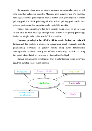 Bu tarmoqlar ichida yana bir qancha tarmoqlar ham mavjudki, bular tegishli 
soha odamlari uchungina zarurdir. Masalan, yosh psixologiyasi o’z navbatida 
maktabgacha tarbiya psixologiyasi, kichik maktab yoshi psixologiyasi, o’smirlik 
psixologiyasi, o’spirinlik psixologiyasi, oliy maktab psixologiyasi, qarilik davri 
psixologiyasi-gerontoliya singari tarmoqlarga ajralishi mumkin.  
Hozirgi zamon psixologiya fani ko’p tarmoqli fanlar sohasi bo’lib o’z ichiga 
40 dan ortiq nisbatan mustaqil tarmoqni oladi. Umumiy va ijtimoiy psixologiya 
boshqa psixologik fanlar uchun asos bo’lib xizmat qiladi.  
Umuman psixologiya fan sifatida ikkita asosiy funktsiyani bajaradi: 
fundamental fan sifatida u psixologiya nazariyasini ishlab chiqaradi, insonlar 
psixikasining individual va guruhiy hamda uning ayrim fenomenlarini 
qonuniyatlarini aniqlaydi; amaliy fan sifatida insonlarning kundalik va kasbiy 
faoliyatini takomillashtirish yuzasidan tavsiyalarni ishlab chiqadi.  
Demak, hozirgi zamon psixologiyasi ilmiy bilimlar tizimida o’ziga xos o’ringa 
ega. Buni quyidagicha ifodalash mumkin. 
 
 
 
 
 
 
 
 
 
 
 
 
 
 
 
 
Psixologiya 
Pedagogika 
Xuquqiy  bilimlar 
Tibbiy fanlar 
Texnik-fanlar 
falsafa 
Oliy nerv faoliyati 
fiziologiyasi 
