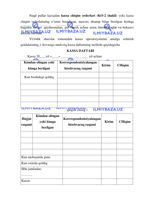  
 
Naqd pullar kassadan kassa chiqim orderlari (KO-2 shakli) yoki kassa 
chiqim orderlarining o’rnini bosadigan, maxsus shtamp bilan bosilgan boshqa 
hujjatlar (to’lov qaydnomalari, pul berish uchun ariza, hisobvaraqlar va hokazo) 
asosida beriladi. 
YUridik shaxslar tomonidan kassa operatsiyalarini amalga oshirish 
qoidalarining 1-ilovasiga mufoviq kassa daftarining tuzilishi quyidagicha 
KASSA DAFTARI 
Kassa 20___ yil «____» ________________ yil uchun 
Kimdan olingan yoki 
kimga berilgan 
Korrespondentsiyalangan 
hisobvaraq raqami 
Kirim 
CHiqim 
Kun boshidagi qoldiq 
 
 
 
 
 
 
 
 
 
 
 
 
 
 
 
 
 
 
 
 
 
 
qirqish chizig’i 
Hujjat 
raqami 
Kimdan olingan 
yoki kimga 
berilgan 
Korrespondentsiyalangan 
hisobvaraq raqami 
Kirim 
CHiqim 
 
 
 
 
 
 
 
 
 
 
 
 
 
 
 
 
 
 
 
 
Kun mobaynida jami: 
 
 
 
Kun oxirida qoldiq: 
 
 
 
SHu jumladan:  
............. 
 
 
 
Kassir 
 
 
 
