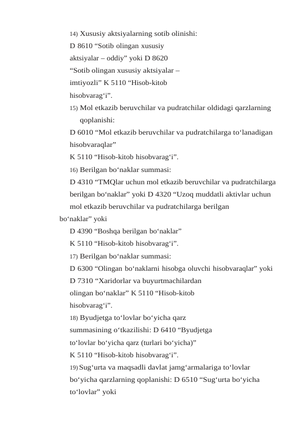 14) Xususiy aktsiyalarning sotib olinishi:
D 8610 “Sotib olingan xususiy 
aktsiyalar – oddiy” yoki D 8620 
“Sotib olingan xususiy aktsiyalar – 
imtiyozli” K 5110 “Hisob-kitob 
hisobvarag‘i”.
15) Mol etkazib beruvchilar va pudratchilar oldidagi qarzlarning 
qoplanishi:
D 6010 “Mol etkazib beruvchilar va pudratchilarga to‘lanadigan 
hisobvaraqlar”
K 5110 “Hisob-kitob hisobvarag‘i”.
16) Berilgan bo‘naklar summasi:
D 4310 “TMQlar uchun mol etkazib beruvchilar va pudratchilarga 
berilgan bo‘naklar” yoki D 4320 “Uzoq muddatli aktivlar uchun 
mol etkazib beruvchilar va pudratchilarga berilgan
bo‘naklar” yoki
D 4390 “Boshqa berilgan bo‘naklar”
K 5110 “Hisob-kitob hisobvarag‘i”.
17) Berilgan bo‘naklar summasi:
D 6300 “Olingan bo‘naklarni hisobga oluvchi hisobvaraqlar” yoki
D 7310 “Xaridorlar va buyurtmachilardan 
olingan bo‘naklar” K 5110 “Hisob-kitob 
hisobvarag‘i”.
18) Byudjetga to‘lovlar bo‘yicha qarz 
summasining o‘tkazilishi: D 6410 “Byudjetga
to‘lovlar bo‘yicha qarz (turlari bo‘yicha)”
K 5110 “Hisob-kitob hisobvarag‘i”.
19) Sug‘urta va maqsadli davlat jamg‘armalariga to‘lovlar 
bo‘yicha qarzlarning qoplanishi: D 6510 “Sug‘urta bo‘yicha 
to‘lovlar” yoki
