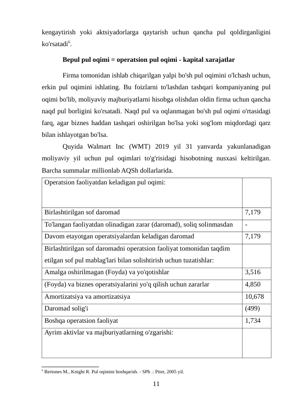 kengaytirish  yoki  aktsiyadorlarga  qaytarish  uchun  qancha  pul  qoldirganligini
ko'rsatadi6.
Bepul pul oqimi = operatsion pul oqimi - kapital xarajatlar 
Firma tomonidan ishlab chiqarilgan yalpi bo'sh pul oqimini o'lchash uchun,
erkin pul oqimini ishlating. Bu foizlarni to'lashdan tashqari kompaniyaning pul
oqimi bo'lib, moliyaviy majburiyatlarni hisobga olishdan oldin firma uchun qancha
naqd pul borligini ko'rsatadi. Naqd pul va oqlanmagan bo'sh pul oqimi o'rtasidagi
farq, agar biznes haddan tashqari oshirilgan bo'lsa yoki sog'lom miqdordagi qarz
bilan ishlayotgan bo'lsa.
Quyida  Walmart  Inc  (WMT)  2019  yil  31  yanvarda  yakunlanadigan
moliyaviy yil  uchun  pul  oqimlari  to'g'risidagi  hisobotning  nusxasi  keltirilgan.
Barcha summalar millionlab AQSh dollarlarida.
Operatsion faoliyatdan keladigan pul oqimi: 
Birlashtirilgan sof daromad 
7,179 
To'langan faoliyatdan olinadigan zarar (daromad), soliq solinmasdan 
- 
Davom etayotgan operatsiyalardan keladigan daromad 
7,179 
Birlashtirilgan sof daromadni operatsion faoliyat tomonidan taqdim 
etilgan sof pul mablag'lari bilan solishtirish uchun tuzatishlar: 
Amalga oshirilmagan (Foyda) va yo'qotishlar 
3,516 
(Foyda) va biznes operatsiyalarini yo'q qilish uchun zararlar 
4,850 
Amortizatsiya va amortizatsiya 
10,678 
Daromad solig'i 
(499) 
Boshqa operatsion faoliyat 
1,734 
Ayrim aktivlar va majburiyatlarning o'zgarishi: 
6 Bertones M., Knight R. Pul oqimini boshqarish. - SPb .: Piter, 2005 yil. 
11
