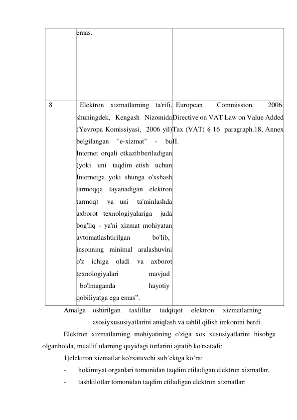 emas. 
8 
Elektron xizmatlarning ta'rifi, 
shuningdek, Kengash Nizomida 
(Yevropa Komissiyasi, 2006 yil) 
belgilangan 
"e-xizmat" 
- 
bu 
Internet orqali etkazib beriladigan 
(yoki uni taqdim etish uchun 
Internetga yoki shunga o'xshash 
tarmoqqa tayanadigan elektron 
tarmoq) 
va uni 
ta'minlashda 
axborot texnologiyalariga 
juda 
bog'liq - ya'ni xizmat mohiyatan 
avtomatlashtirilgan 
 bo'lib, 
insonning minimal aralashuvini 
o'z ichiga oladi va axborot 
texnologiyalari 
mavjud 
bo'lmaganda 
hayotiy 
qobiliyatga ega emas”. 
European 
Commission. 
2006. 
Directive on VAT Law on Value Added 
Tax (VAT) § 16 paragraph. 18, Annex 
II. 
Amalga oshirilgan 
taxlillar 
tadqiqot 
elektron 
xizmatlarning
 
asosiy xususiyatlarini aniqlash va tahlil qilish imkonini berdi. 
Elektron xizmatlarning mohiyatining o'ziga xos xususiyatlarini hisobga 
olgan holda, muallif ularning quyidagi turlarini ajratib ko'rsatadi: 
1)elektron xizmatlar ko'rsatuvchi sub’ektga ko’ra: 
- 
hokimiyat organlari tomonidan taqdim etiladigan elektron xizmatlar, 
- 
tashkilotlar tomonidan taqdim etiladigan elektron xizmatlar; 
