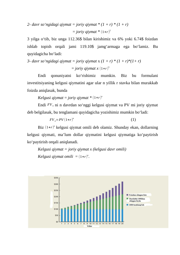 2- davr so‘ngidagi qiymat = joriy qiymat * (1 + r) * (1 + r)
                                           = joriy qiymat * (1+r)
2
3 yilga o‘tib, biz unga 112.36$ bilan kirishimiz va 6% yoki 6.74$ foizdan
ishlab  topish  orqali  jami  119.10$  jamg‘armaga  ega  bo‘lamiz.  Bu
quyidagicha bo‘ladi:
3- davr so‘ngidagi qiymat = joriy qiymat x (1 + r) * (1 + r)*(1+ r)
                                          = joriy qiymat x (1+r)
3
Endi  qonuniyatni  ko‘rishimiz  mumkin.  Biz  bu  formulani
investitsiyaning kelgusi qiymatini agar ular n yillik r stavka bilan murakkab
foizda aniqlasak, bunda
Kelgusi qiymat = joriy qiymat * (1+r)
n
Endi FV n ni n davrdan so‘nggi kelgusi qiymat va PV mi joriy qiymat
deb belgilasak, bu tenglamani quyidagicha yozishimiz mumkin bo‘ladi:
FV n=PV (1+r)
n                                                      (1)                                          
     
Biz (1+r)
n kelgusi qiymat omili deb olamiz. Shunday ekan, dollarning
kelgusi qiymati, ma’lum dollar qiymatini kelgusi qiymatiga ko‘paytirish
ko‘paytirish orqali aniqlanadi. 
Kelgusi qiymat = joriy qiymat x (kelgusi davr omili)
Kelgusi qiymat omili  = (1+r)
n.
