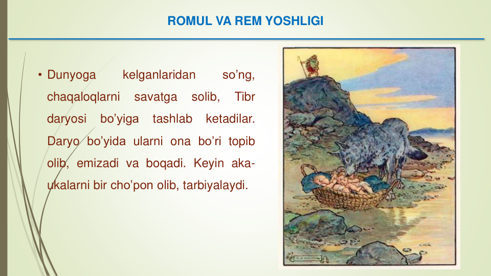 ROMUL VA REM YOSHLIGI
• Dunyoga
kelganlaridan
so’ng,
chaqaloqlarni
savatga
solib,
Tibr
daryosi
bo’yiga
tashlab
ketadilar.
Daryo bo’yida ularni ona bo’ri topib
olib, emizadi va boqadi. Keyin aka-
ukalarni bir cho’pon olib, tarbiyalaydi.
