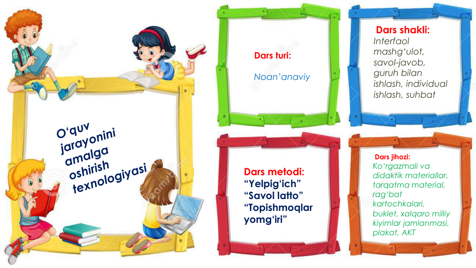 ISHQLANISH KUCHI NIMA?
Dars turi:
Noan’anaviy
Dars metodi:
“Yelpig‘ich”
“Savol latto”
“Topishmoqlar
yomg‘iri”
Dars shakli: 
Interfaol
mashg‘ulot, 
savol-javob, 
guruh bilan
ishlash, individual 
ishlash, suhbat
. 
Dars jihozi:
Ko‘rgazmali va
didaktik materiallar, 
tarqatma material, 
rag‘bat
kartochkalari, 
buklet, xalqaro milliy
kiyimlar jamlanmasi, 
plakat, AKT
