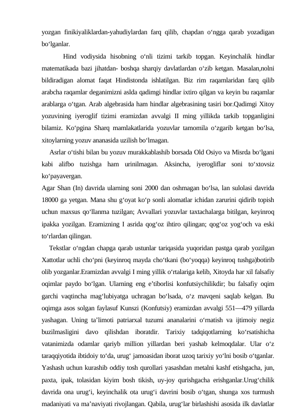 yozgan finikiyaliklardan-yahudiylardan farq qilib, chapdan o‘ngga qarab yozadigan
bo‘lganlar.
     Hind  vodiysida  hisobning  o‘nli  tizimi  tarkib  topgan.  Keyinchalik  hindlar
matematikada bazi jihatdan- boshqa sharqiy davlatlardan o‘zib ketgan. Masalan,nolni
bildiradigan alomat faqat Hindistonda ishlatilgan. Biz rim raqamlaridan farq qilib
arabcha raqamlar deganimizni aslda qadimgi hindlar ixtiro qilgan va keyin bu raqamlar
arablarga o‘tgan. Arab algebrasida ham hindlar algebrasining tasiri bor.Qadimgi Xitoy
yozuvining iyeroglif tizimi eramizdan avvalgi II ming yillikda tarkib topganligini
bilamiz. Ko‘pgina Sharq mamlakatlarida yozuvlar tamomila o‘zgarib ketgan bo‘lsa,
xitoylarning yozuv ananasida uzilish bo‘lmagan.
    Asrlar o‘tishi bilan bu yozuv murakkablashib borsada Old Osiyo va Misrda bo‘lgani
kabi  alifbo  tuzishga  ham  urinilmagan.  Aksincha,  iyerogliflar  soni  to‘xtovsiz
ko‘payavergan.
Agar Shan (In) davrida ularning soni 2000 dan oshmagan bo‘lsa, lan sulolasi davrida
18000 ga yetgan. Mana shu g‘oyat ko‘p sonli alomatlar ichidan zarurini qidirib topish
uchun maxsus qo‘llanma tuzilgan; Avvallari yozuvlar taxtachalarga bitilgan, keyinroq
ipakka yozilgan. Eramizning I asrida qog‘oz ihtiro qilingan; qog‘oz yog‘och va eski
to‘rlardan qilingan. 
   Tekstlar o‘ngdan chapga qarab ustunlar tariqasida yuqoridan pastga qarab yozilgan
Xattotlar uchli cho‘pni (keyinroq mayda cho‘tkani (bo‘yoqqa) keyinroq tushga)botirib
olib yozganlar.Eramizdan avvalgi I ming yillik o‘rtalariga kelib, Xitoyda har xil falsafiy
oqimlar paydo bo‘lgan. Ularning eng e’tiborlisi konfutsiychilikdir; bu falsafiy oqim
garchi vaqtincha mag‘lubiyatga uchragan bo‘lsada, o‘z mavqeni saqlab kelgan. Bu
oqimga asos solgan faylasuf Kunszi (Konfutsiy) eramizdan avvalgi 551—479 yillarda
yashagan. Uning ta’limoti patriarxal tuzumi ananalarini o‘rnatish va ijtimoiy negiz
buzilmasligini  davo  qilishdan  iboratdir.  Tarixiy  tadqiqotlarning  ko‘rsatishicha
vatanimizda  odamlar  qariyb  million  yillardan  beri  yashab  kelmoqdalar.  Ular  o‘z
taraqqiyotida ibtidoiy to‘da, urug‘ jamoasidan iborat uzoq tarixiy yo‘lni bosib o‘tganlar.
Yashash uchun kurashib oddiy tosh qurollari yasashdan metalni kashf etishgacha, jun,
paxta, ipak, tolasidan kiyim bosh tikish, uy-joy qurishgacha erishganlar.Urug‘chilik
davrida ona urug‘i, keyinchalik ota urug‘i davrini bosib o‘tgan, shunga xos turmush
madaniyati va ma’naviyati rivojlangan. Qabila, urug‘lar birlashishi asosida ilk davlatlar
