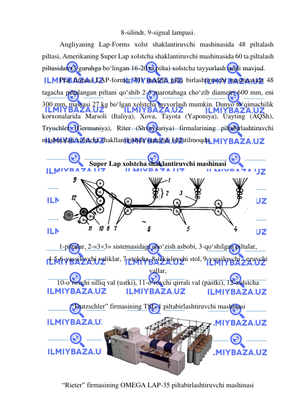  
 
8-silindr, 9-signal lampasi. 
Angliyaning Lap-Forms xolst shaklantiruvchi mashinasida 48 piltalash 
piltasi, Amerikaning Super Lap xolstcha shaklantiruvchi mashinasida 60 ta piltalash 
piltasidan (3 guruhga bo‘lingan 16-20 ta pilta) xolstcha tayyorlash usuli mavjud. 
Plat firmasi LAP-former 701 modelli pilta birlashtiruvchi mashinasida 48 
tagacha piltalangan piltani qo‘shib 2-5 marotabaga cho‘zib diametri 600 mm, eni 
300 mm, massasi 27 kg bo‘lgan xolstcha tayyorlash mumkin. Dunyo to‘qimachilik 
korxonalarida Marsoli (Italiya), Xova, Tayota (Yaponiya), Uayting (AQSh), 
Tryuchler (Germaniya), Riter (Shveysariya) firmalarining piltabirlashtiruvchi 
mashinalari xolstcha shakllantirishda samarali ishlatilmoqda. 
 
Super Lap xolstcha shaklantiruvchi mashinasi 
 
1-piltalar, 2-«33» sistemasidagi cho‘zish asbobi, 3-qo‘shilgan piltalar,  
4-5-6-yassilovchi valiklar, 7-stolcha, 8-tekislovchi stol, 9-yassilovchi - ezuvchi 
vallar,  
10-o‘rovchi silliq val (ustki), 11-o‘rovchi qirrali val (pastki), 12-xolstcha 
 
“Trutzschler” firmasining TSL-1 piltabirlashtiruvchi mashinasi 
 
“Rieter” firmasining OMEGA LAP-35 piltabirlashtiruvchi mashinasi 
