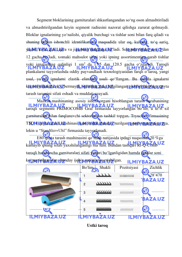  
 
Segment bloklarining garnituralari shkastlangandan so‘ng oson almashtiriladi 
va almashtirilgandan keyin segment radiusini nazorat qilishga zarurat qolmaydi. 
Bloklar ignalarining yo‘nalishi, qiyalik burchagi va tishlar soni bilan farq qiladi va 
shuning uchun ishonchli identifikatsiya maqsadida ular oq, kulrang, to‘q sariq, 
yashil, ko‘k, qizil, qora va jigarrang ranglarga bo‘ladi. Sektorda tishlar soni 5 dan 
12 gacha bo’ladi, xomaki mahsulot sifati yoki ipning assortimentiga qarab tishlar 
yoki ignalarning qalinligi 1 sm2 da 17.5 dan 120.5 gacha o‘zgaradi. Taroqli 
plankalarni tayyorlashda oddiy payvandlash texnologiyasidan farqli o‘laroq, yangi 
usul, ya’ngi ignalarni elastik elimlash usuli qo‘llangan. Bu usulda ignalarni 
korroziyalanishi ro‘y bermaydi, ignaning aniq belgilangan zichligi hisobiga qayta 
tarash taramini sifati oshadi va muddati uzayadi. 
Mazkur mashinaning asosiy ishchi organi hisoblangan tarash barabanining 
taroqli segmenti PRIMOCOMB Graf firmasida tayyorlangan bo‘lib, u to‘rt xil 
garnituralari bilan farqlanuvchi sektorlardan tashkil topgan. Tryuchler firmasining 
TSO 1 qayta tarash mashinasi ham xuddi shunday tuzilgan tarash segmentiga ega, 
lekin u “Staedtler+Uhl” firmasida tayyorlanadi. 
 
E80 qayta tarash mashinasini qo‘llash natijasida ipdagi nuqsonlar 20 %ga 
kamayib ipning sifati yaxshilanganligi ma’lum. Bundan tashqari Ri-Q-Comb 
taroqli barabancha garnituralari sifati yuqori bo‘lganligidan hamda ignalar soni 
ko‘paytirilganidan shunday ijobiy natijalarga erishilgan. 
 
 
Bo'lim 
Shakli 
Pozitsiyasi 
Zichlik 
 
28’470 
 
Ustki taroq 
