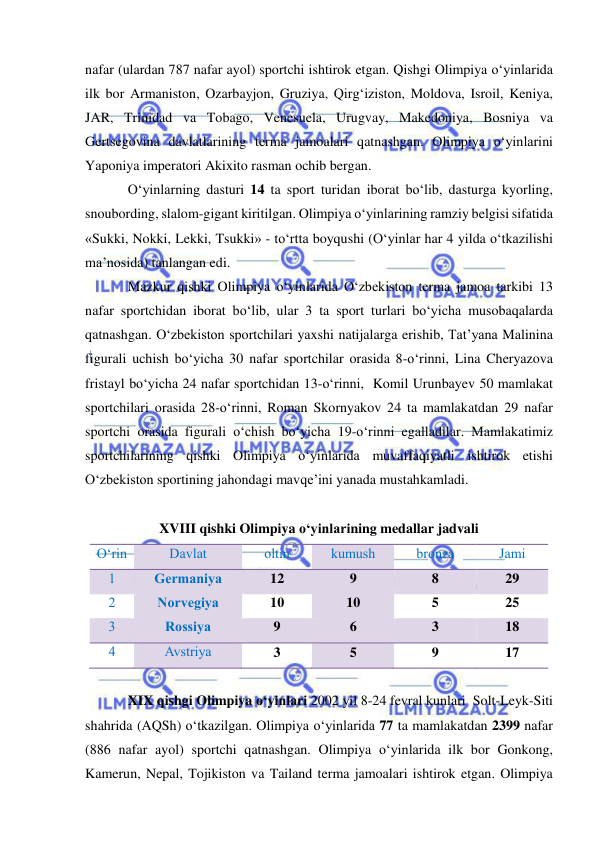  
 
nafar (ulardan 787 nafar ayol) sportchi ishtirok etgan. Qishgi Olimpiya o‘yinlarida 
ilk bor Armaniston, Ozarbayjon, Gruziya, Qirg‘iziston, Moldova, Isroil, Keniya, 
JAR, Trinidad va Tobago, Venesuela, Urugvay, Makedoniya, Bosniya va 
Gertsegovina davlatlarining terma jamoalari qatnashgan. Olimpiya o‘yinlarini 
Yaponiya imperatori Akixito rasman ochib bergan. 
O‘yinlarning dasturi 14 ta sport turidan iborat bo‘lib, dasturga kyorling, 
snoubording, slalom-gigant kiritilgan. Olimpiya o‘yinlarining ramziy belgisi sifatida 
«Sukki, Nokki, Lekki, Tsukki» - to‘rtta boyqushi (O‘yinlar har 4 yilda o‘tkazilishi 
ma’nosida) tanlangan edi. 
Mazkur qishki Olimpiya o‘yinlarida O‘zbekiston terma jamoa tarkibi 13 
nafar sportchidan iborat bo‘lib, ular 3 ta sport turlari bo‘yicha musobaqalarda 
qatnashgan. O‘zbekiston sportchilari yaxshi natijalarga erishib, Tat’yana Malinina 
figurali uchish bo‘yicha 30 nafar sportchilar orasida 8-o‘rinni, Lina Cheryazova 
fristayl bo‘yicha 24 nafar sportchidan 13-o‘rinni,  Komil Urunbayev 50 mamlakat 
sportchilari orasida 28-o‘rinni, Roman Skornyakov 24 ta mamlakatdan 29 nafar 
sportchi orasida figurali o‘chish bo‘yicha 19-o‘rinni egalladilar. Mamlakatimiz 
sportchilarining qishki Olimpiya o‘yinlarida muvaffaqiyatli ishtirok etishi 
O‘zbekiston sportining jahondagi mavqe’ini yanada mustahkamladi. 
 
XVIII qishki Olimpiya o‘yinlarining medallar jadvali 
O‘rin 
Davlat 
oltin  
kumush 
bronza 
Jami 
1 
Germaniya 
12 
9 
8 
29 
2 
Norvegiya 
10 
10 
5 
25 
3 
Rossiya 
9 
6 
3 
18 
4 
Avstriya 
3 
5 
9 
17 
 
XIX qishgi Olimpiya o‘yinlari 2002 yil 8-24 fevral kunlari  Solt-Leyk-Siti 
shahrida (AQSh) o‘tkazilgan. Olimpiya o‘yinlarida 77 ta mamlakatdan 2399 nafar 
(886 nafar ayol) sportchi qatnashgan. Olimpiya o‘yinlarida ilk bor Gonkong, 
Kamerun, Nepal, Tojikiston va Tailand terma jamoalari ishtirok etgan. Olimpiya 
