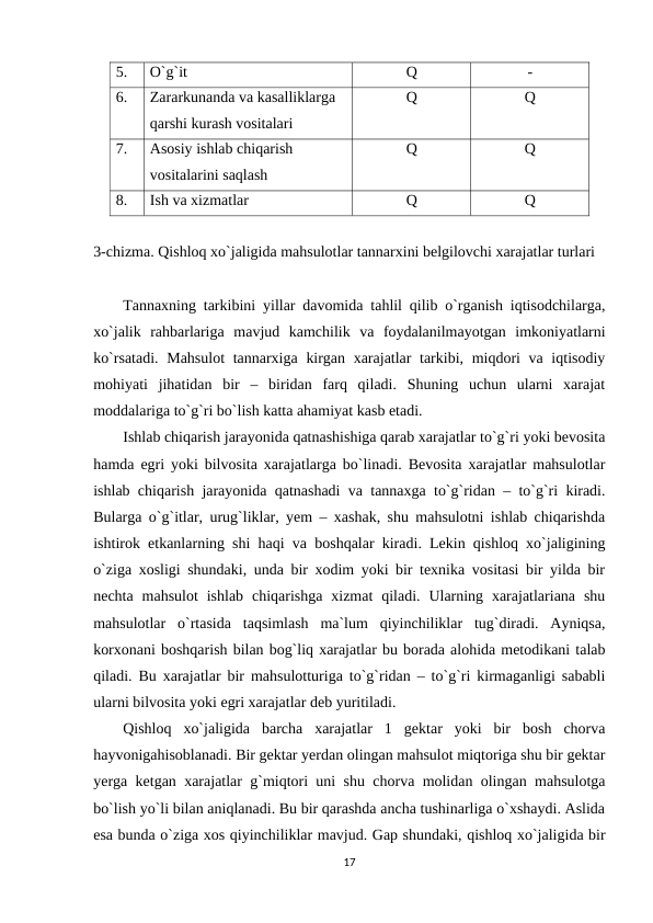 5.
O`g`it
Q
-
6.
Zararkunanda va kasalliklarga 
qarshi kurash vositalari
Q
Q
7.
Asosiy ishlab chiqarish 
vositalarini saqlash
Q
Q
8.
Ish va xizmatlar
Q
Q
3-chizma. Qishloq xo`jaligida mahsulotlar tannarxini belgilovchi xarajatlar turlari
Tannaxning tarkibini yillar davomida tahlil qilib o`rganish iqtisodchilarga,
xo`jalik  rahbarlariga  mavjud  kamchilik  va  foydalanilmayotgan  imkoniyatlarni
ko`rsatadi. Mahsulot  tannarxiga kirgan xarajatlar tarkibi, miqdori va iqtisodiy
mohiyati  jihatidan  bir  –  biridan  farq  qiladi.  Shuning  uchun  ularni  xarajat
moddalariga to`g`ri bo`lish katta ahamiyat kasb etadi.
Ishlab chiqarish jarayonida qatnashishiga qarab xarajatlar to`g`ri yoki bevosita
hamda egri yoki bilvosita xarajatlarga bo`linadi. Bevosita xarajatlar mahsulotlar
ishlab chiqarish jarayonida qatnashadi va tannaxga to`g`ridan – to`g`ri kiradi.
Bularga o`g`itlar, urug`liklar, yem – xashak, shu mahsulotni ishlab chiqarishda
ishtirok etkanlarning shi haqi va boshqalar kiradi. Lekin qishloq xo`jaligining
o`ziga xosligi shundaki, unda bir xodim yoki bir texnika vositasi bir yilda bir
nechta  mahsulot  ishlab  chiqarishga  xizmat  qiladi.  Ularning  xarajatlariana  shu
mahsulotlar  o`rtasida  taqsimlash  ma`lum  qiyinchiliklar  tug`diradi.  Ayniqsa,
korxonani boshqarish bilan bog`liq xarajatlar bu borada alohida metodikani talab
qiladi. Bu xarajatlar bir mahsulotturiga to`g`ridan – to`g`ri kirmaganligi sababli
ularni bilvosita yoki egri xarajatlar deb yuritiladi.
Qishloq  xo`jaligida  barcha  xarajatlar  1  gektar  yoki  bir  bosh  chorva
hayvonigahisoblanadi. Bir gektar yerdan olingan mahsulot miqtoriga shu bir gektar
yerga ketgan xarajatlar g`miqtori uni shu chorva molidan olingan mahsulotga
bo`lish yo`li bilan aniqlanadi. Bu bir qarashda ancha tushinarliga o`xshaydi. Aslida
esa bunda o`ziga xos qiyinchiliklar mavjud. Gap shundaki, qishloq xo`jaligida bir
17
