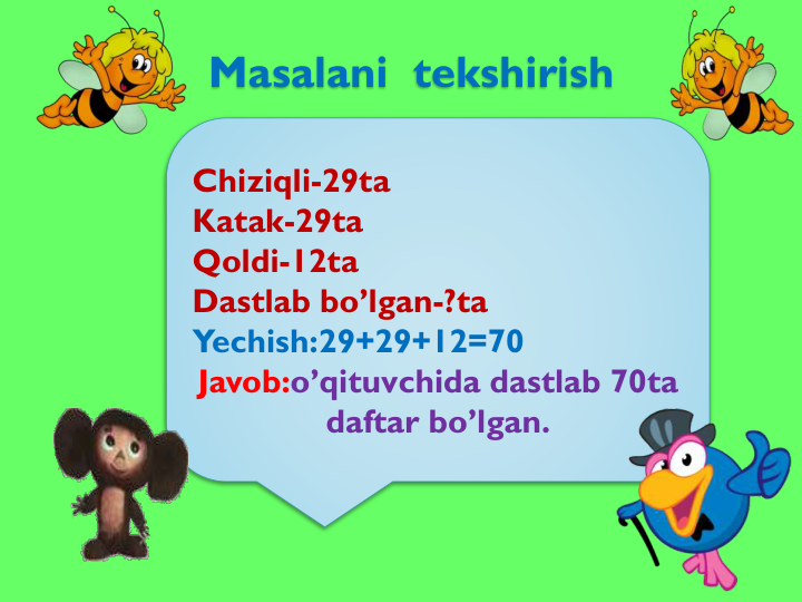 Masalani tekshirish
Chiziqli-29ta
Katak-29ta
Qoldi-12ta
Dastlab bo’lgan-?ta
Yechish:29+29+12=70
Javob:o’qituvchida dastlab 70ta       
daftar bo’lgan.
