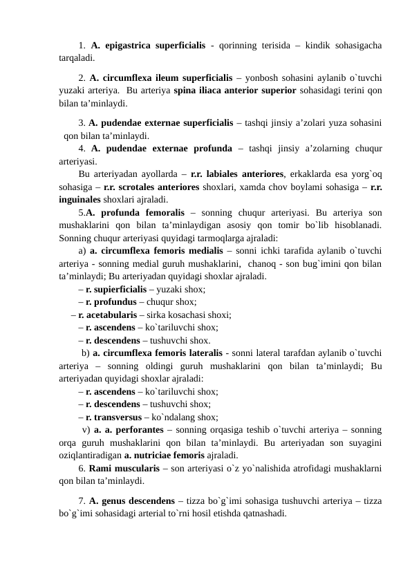 1.  A. epigastrica superficialis - qorinning terisida – kindik sohasigacha
tarqaladi. 
2. A. circumflexa ileum superficialis – yonbosh sohasini aylanib o`tuvchi
yuzaki arteriya.  Bu arteriya spina iliaca anterior superior sohasidagi terini qon
bilan ta’minlaydi. 
3. A. pudendae externae superficialis – tashqi jinsiy a’zolari yuza sohasini
qon bilan ta’minlaydi. 
4. A.  pudendae  externae  profunda –  tashqi  jinsiy  a’zolarning  chuqur
arteriyasi.
Bu arteriyadan ayollarda –  r.r. labiales anteriores, erkaklarda esa yorg`oq
sohasiga – r.r. scrotales anteriores shoxlari, xamda chov boylami sohasiga – r.r.
inguinales shoxlari ajraladi.    
5.A.  profunda  femoralis –  sonning  chuqur  arteriyasi.  Bu  arteriya  son
mushaklarini  qon  bilan  ta’minlaydigan  asosiy  qon  tomir  bo`lib  hisoblanadi.
Sonning chuqur arteriyasi quyidagi tarmoqlarga ajraladi: 
a)  a. circumflexa femoris medialis – sonni ichki tarafida aylanib o`tuvchi
arteriya - sonning medial guruh mushaklarini,  chanoq - son bug`imini qon bilan
ta’minlaydi; Bu arteriyadan quyidagi shoxlar ajraladi.
– r. supierficialis – yuzaki shox; 
– r. profundus – chuqur shox;
     – r. acetabularis – sirka kosachasi shoxi;
– r. ascendens – ko`tariluvchi shox;
– r. descendens – tushuvchi shox.
 b) a. circumflexa femoris lateralis - sonni lateral tarafdan aylanib o`tuvchi
arteriya  –  sonning  oldingi  guruh  mushaklarini  qon  bilan  ta’minlaydi;  Bu
arteriyadan quyidagi shoxlar ajraladi:
– r. ascendens – ko`tariluvchi shox;
– r. descendens – tushuvchi shox; 
– r. transversus – ko`ndalang shox; 
 v) a. a. perforantes – sonning orqasiga teshib o`tuvchi arteriya – sonning
orqa  guruh  mushaklarini  qon  bilan  ta’minlaydi.  Bu  arteriyadan  son  suyagini
oziqlantiradigan a. nutriciae femoris ajraladi.
6. Rami muscularis – son arteriyasi o`z yo`nalishida atrofidagi mushaklarni
qon bilan ta’minlaydi. 
7. A. genus descendens – tizza bo`g`imi sohasiga tushuvchi arteriya – tizza
bo`g`imi sohasidagi arterial to`rni hosil etishda qatnashadi. 

