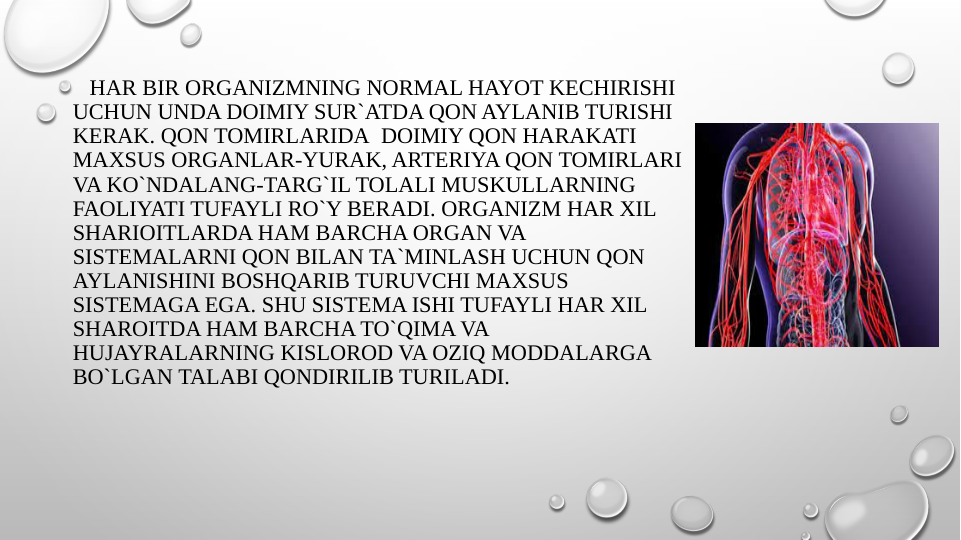    HAR BIR ORGANIZMNING NORMAL HAYOT KECHIRISHI 
UCHUN UNDA DOIMIY SUR`ATDA QON AYLANIB TURISHI 
KERAK. QON TOMIRLARIDA  DOIMIY QON HARAKATI 
MAXSUS ORGANLAR-YURAK, ARTERIYA QON TOMIRLARI 
VA KO`NDALANG-TARG`IL TOLALI MUSKULLARNING 
FAOLIYATI TUFAYLI RO`Y BERADI. ORGANIZM HAR XIL 
SHARIOITLARDA HAM BARCHA ORGAN VA 
SISTEMALARNI QON BILAN TA`MINLASH UCHUN QON 
AYLANISHINI BOSHQARIB TURUVCHI MAXSUS 
SISTEMAGA EGA. SHU SISTEMA ISHI TUFAYLI HAR XIL 
SHAROITDA HAM BARCHA TO`QIMA VA 
HUJAYRALARNING KISLOROD VA OZIQ MODDALARGA 
BO`LGAN TALABI QONDIRILIB TURILADI.
 
