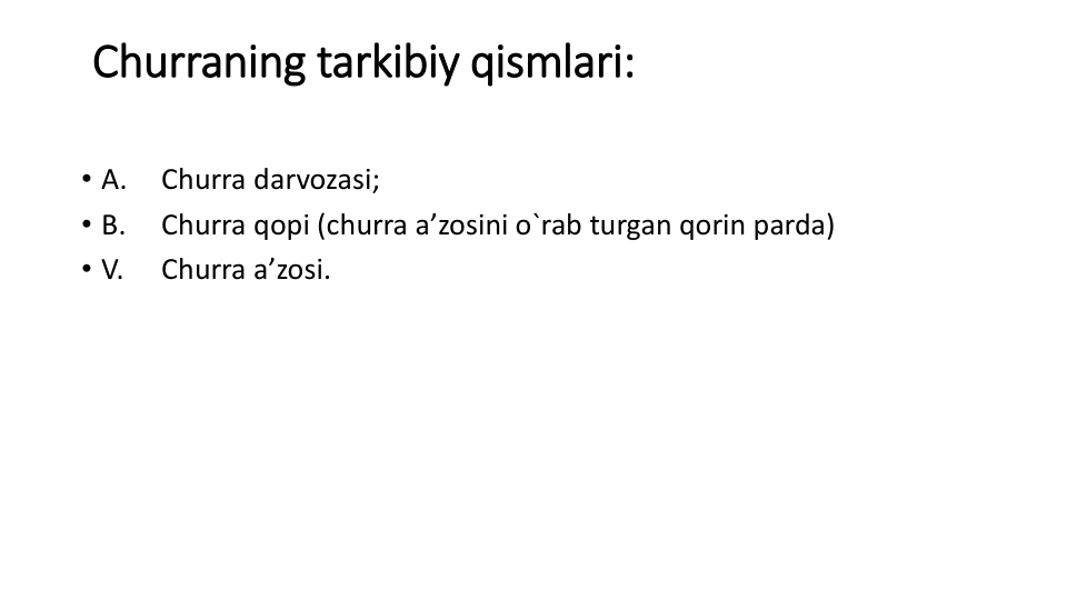 Churraning tarkibiy qismlari:
• A.
Churra darvozasi;
• B.
Churra qopi (churra a’zosini o`rab turgan qorin parda)
• V.
Churra a’zosi.
