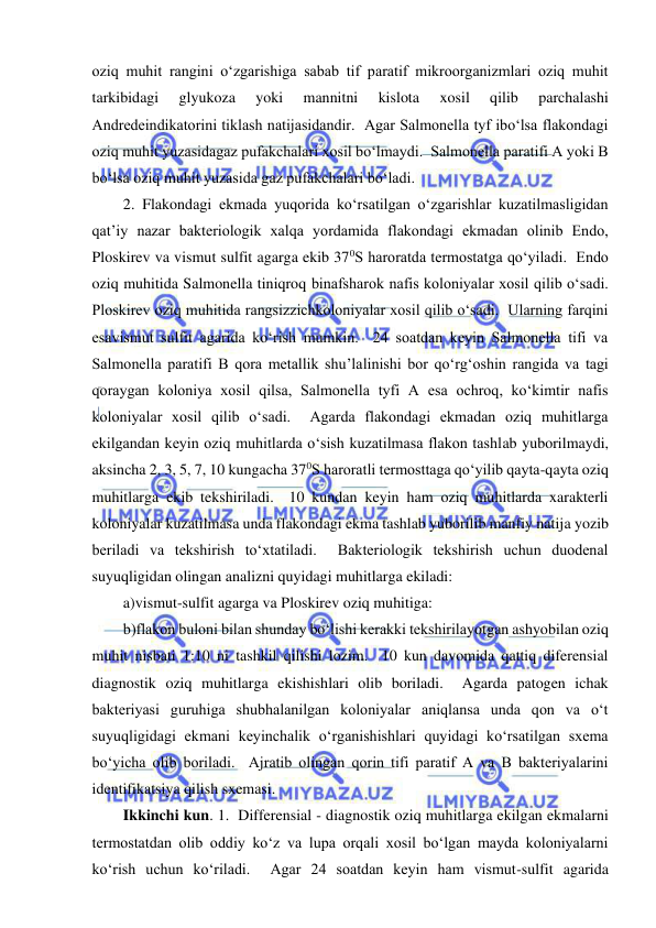  
 
oziq muhit rangini o‘zgarishiga sabab tif paratif mikroorganizmlari oziq muhit 
tarkibidagi 
glyukoza 
yoki 
mannitni 
kislota 
xosil 
qilib 
parchalashi 
Andredeindikatorini tiklash natijasidandir.  Agar Salmonella tyf ibo‘lsa flakondagi 
oziq muhit yuzasidagaz pufakchalari xosil bo‘lmaydi.  Salmonella paratifi A yoki B 
bo‘lsa oziq muhit yuzasida gaz pufakchalari bo‘ladi.  
2. Flakondagi ekmada yuqorida ko‘rsatilgan o‘zgarishlar kuzatilmasligidan 
qat’iy nazar bakteriologik xalqa yordamida flakondagi ekmadan olinib Endo, 
Ploskirev va vismut sulfit agarga ekib 370S haroratda termostatga qo‘yiladi.  Endo 
oziq muhitida Salmonella tiniqroq binafsharok nafis koloniyalar xosil qilib o‘sadi.  
Ploskirev oziq muhitida rangsizzichkoloniyalar xosil qilib o‘sadi.  Ularning farqini 
esavismut sulfit agarida ko‘rish mumkin.  24 soatdan keyin Salmonella tifi va 
Salmonella paratifi B qora metallik shu’lalinishi bor qo‘rg‘oshin rangida va tagi 
qoraygan koloniya xosil qilsa, Salmonella tyfi A esa ochroq, ko‘kimtir nafis 
koloniyalar xosil qilib o‘sadi.  Agarda flakondagi ekmadan oziq muhitlarga 
ekilgandan keyin oziq muhitlarda o‘sish kuzatilmasa flakon tashlab yuborilmaydi, 
aksincha 2, 3, 5, 7, 10 kungacha 370S haroratli termosttaga qo‘yilib qayta-qayta oziq 
muhitlarga ekib tekshiriladi.  10 kundan keyin ham oziq muhitlarda xarakterli 
koloniyalar kuzatilmasa unda flakondagi ekma tashlab yuborilib manfiy natija yozib 
beriladi va tekshirish to‘xtatiladi.  Bakteriologik tekshirish uchun duodenal 
suyuqligidan olingan analizni quyidagi muhitlarga ekiladi: 
a)vismut-sulfit agarga va Ploskirev oziq muhitiga: 
b)flakon buloni bilan shunday bo‘lishi kerakki tekshirilayotgan ashyobilan oziq 
muhit nisbati 1:10 ni tashkil qilishi lozim.  10 kun davomida qattiq diferensial 
diagnostik oziq muhitlarga ekishishlari olib boriladi.  Agarda patogen ichak 
bakteriyasi guruhiga shubhalanilgan koloniyalar aniqlansa unda qon va o‘t 
suyuqligidagi ekmani keyinchalik o‘rganishishlari quyidagi ko‘rsatilgan sxema 
bo‘yicha olib boriladi.  Ajratib olingan qorin tifi paratif A va B bakteriyalarini 
identifikatsiya qilish sxemasi.   
Ikkinchi kun. 1.  Differensial - diagnostik oziq muhitlarga ekilgan ekmalarni 
termostatdan olib oddiy ko‘z va lupa orqali xosil bo‘lgan mayda koloniyalarni 
ko‘rish uchun ko‘riladi.  Agar 24 soatdan keyin ham vismut-sulfit agarida 
