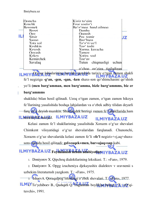 Ilmiybaza.uz 
 
Qomcha 
Kigiz to‘qim 
Kepchk 
Egar yostig‘i 
Begemek 
Bo‘g‘moq, band qilmoq 
Beget 
Damba 
Quv 
Oqqush 
Sitsir 
Pay, tomir 
Saqaq 
Bag‘baqa 
Tota yol 
To‘g‘ri yo‘l 
Keshkin 
Tog‘ toshi 
Kevesh 
Xurma, kuvacha 
Qovash 
Tarnov 
Kekey 
Xotira, yod 
Kemirchek 
Tog‘ay 
Savalaq 
Tutun 
chiqmasligi 
uchun 
o‘choq og‘ziga tiqiladigan 
latta 
O‘g‘uz lahjalarining har ikki guruhida tarixiy o‘tgan zamon shakli 
fe’l negiziga -g‘an, -gen, -qan, -ken shaxs-son qo‘shimchasini qo‘shish 
yo‘li (men barg‘amman, men barg‘amma, bizle barg‘ammms, biz er 
barg‘ammms 
shaklida) bilan hosil qilinadi. Uzoq o‘tgan zamon, o‘tgan zamon hikoya 
fe’llarining yasalishida boshqa lahjalardan va o‘zbek adbiy tilidan deyarli 
farq yo‘q deyish mumkin. Shuningdek hozirgi zamon fe’l shakllarida ham 
umumiylik mavjud. 
Kelasi zamon fe’l shakllarining yasalishida Xorazm o‘g‘uz shevalari 
Chimkent viloyatidagi o‘g‘uz shevalaridan farqlanadi. Chunonchi, 
Xorazm o‘g‘uz shevalarida kelasi zamon fe’li «fe’l negizi»+«j,aq+shaxs-
son» tarzida hosil qilinadi: gel+eaqek+men, bar+ajaq+sap kabi. 
Foydalanish uchun adabiyotlar: 
1. Doniyorov X. Qipchoq dialektlarining leksikasi. T.: «Fan», 1979. 
2. Daniyorov X. Opgg izucheniya djekayushix dialektov v sravnenii s 
uzbekim literaturnsh yazgkom. T.: «Fan», 1975. 
3. IshaevA. Qoraqalpog‘istondagi o‘zbek shevalari. T.: «Fan», 1977. 
4. To‘ychiboev B., Qashqirli Q. Tuganmas boyliklar bulog‘i. T.: «O‘qi- 
tuvchi», 1991. 
 

