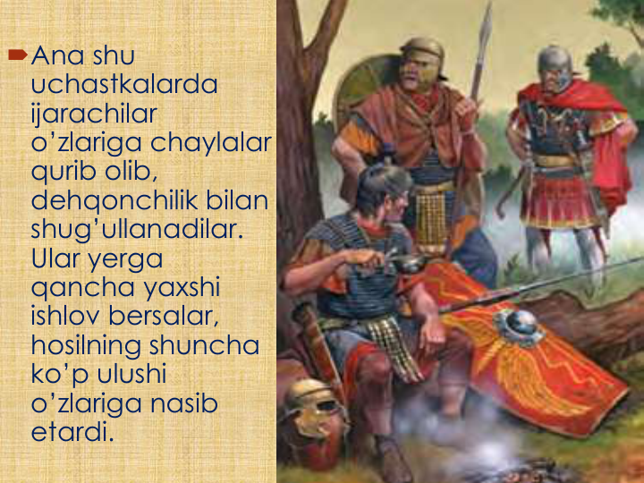 Ana shu 
uchastkalarda 
ijarachilar 
o’zlariga chaylalar 
qurib olib, 
dehqonchilik bilan 
shug’ullanadilar. 
Ular yerga 
qancha yaxshi 
ishlov bersalar, 
hosilning shuncha 
ko’p ulushi 
o’zlariga nasib 
etardi.                             
