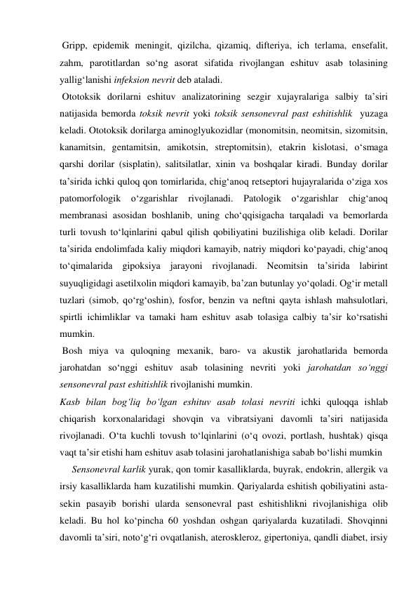  Gripp, epidemik meningit, qizilcha, qizamiq, difteriya, ich terlama, ensefalit, 
zahm, parotitlardan so‘ng asorat sifatida rivojlangan eshituv asab tolasining 
yallig‘lanishi infeksion nevrit deb ataladi.  
 Ototoksik dorilarni eshituv analizatorining sezgir xujayralariga salbiy ta’siri 
natijasida bemorda toksik nevrit yoki toksik sensonevral past eshitishlik  yuzaga 
keladi. Ototoksik dorilarga aminoglyukozidlar (monomitsin, neomitsin, sizomitsin, 
kanamitsin, gentamitsin, amikotsin, streptomitsin), etakrin kislotasi, o‘smaga 
qarshi dorilar (sisplatin), salitsilatlar, xinin va boshqalar kiradi. Bunday dorilar 
ta’sirida ichki quloq qon tomirlarida, chig‘anoq retseptori hujayralarida o‘ziga xos 
patomorfologik o‘zgarishlar rivojlanadi. Patologik o‘zgarishlar chig‘anoq 
membranasi asosidan boshlanib, uning cho‘qqisigacha tarqaladi va bemorlarda 
turli tovush to‘lqinlarini qabul qilish qobiliyatini buzilishiga olib keladi. Dorilar 
ta’sirida endolimfada kaliy miqdori kamayib, natriy miqdori ko‘payadi, chig‘anoq 
to‘qimalarida gipoksiya jarayoni rivojlanadi. Neomitsin ta’sirida labirint 
suyuqligidagi asetilxolin miqdori kamayib, ba’zan butunlay yo‘qoladi. Og‘ir metall 
tuzlari (simob, qo‘rg‘oshin), fosfor, benzin va neftni qayta ishlash mahsulotlari, 
spirtli ichimliklar va tamaki ham eshituv asab tolasiga calbiy ta’sir ko‘rsatishi 
mumkin. 
 Bosh miya va quloqning mexanik, baro- va akustik jarohatlarida bemorda 
jarohatdan so‘nggi eshituv asab tolasining nevriti yoki jarohatdan so‘nggi 
sensonevral past eshitishlik rivojlanishi mumkin.  
Kasb bilan bog‘liq bo‘lgan eshituv asab tolasi nevriti ichki quloqqa ishlab 
chiqarish korxonalaridagi shovqin va vibratsiyani davomli ta’siri natijasida 
rivojlanadi. O‘ta kuchli tovush to‘lqinlarini (o‘q ovozi, portlash, hushtak) qisqa 
vaqt ta’sir etishi ham eshituv asab tolasini jarohatlanishiga sabab bo‘lishi mumkin 
     Sensonevral karlik yurak, qon tomir kasalliklarda, buyrak, endokrin, allergik va 
irsiy kasalliklarda ham kuzatilishi mumkin. Qariyalarda eshitish qobiliyatini asta-
sekin pasayib borishi ularda sensonevral past eshitishlikni rivojlanishiga olib 
keladi. Bu hol ko‘pincha 60 yoshdan oshgan qariyalarda kuzatiladi. Shovqinni 
davomli ta’siri, noto‘g‘ri ovqatlanish, ateroskleroz, gipertoniya, qandli diabet, irsiy  
