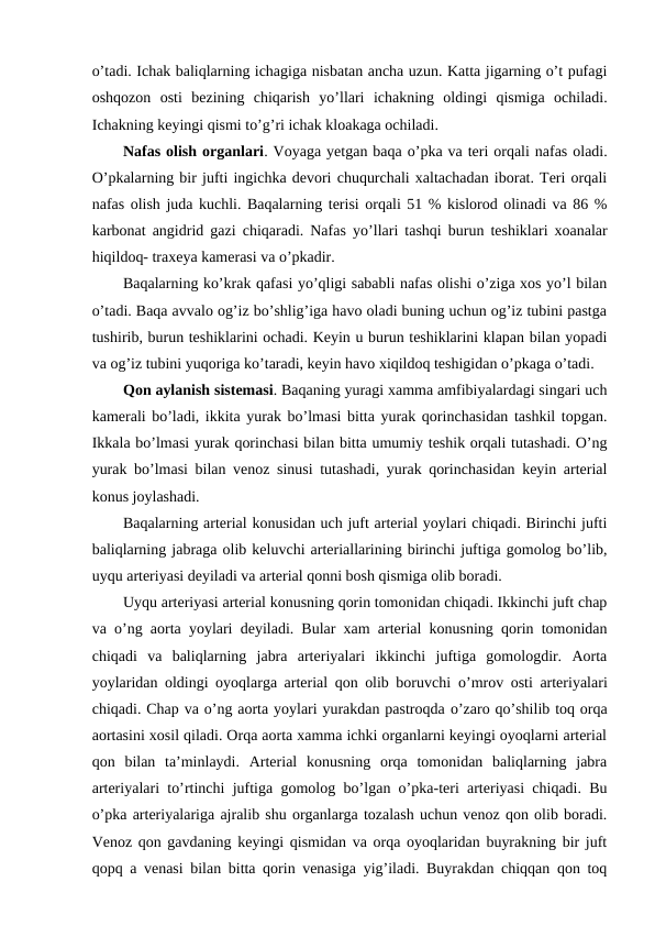 o’tadi. Ichak baliqlarning ichagiga nisbatan ancha uzun. Katta jigarning o’t pufagi
oshqozon  osti  bezining  chiqarish  yo’llari  ichakning  oldingi  qismiga  ochiladi.
Ichakning keyingi qismi to’g’ri ichak kloakaga ochiladi. 
Nafas olish organlari. Voyaga yetgan baqa o’pka va teri orqali nafas oladi.
O’pkalarning bir jufti ingichka devori chuqurchali xaltachadan iborat. Teri orqali
nafas olish juda kuchli. Baqalarning terisi orqali 51 % kislorod olinadi va 86 %
karbonat angidrid gazi chiqaradi. Nafas  yo’llari tashqi burun teshiklari xoanalar
hiqildoq- traxeya kamerasi va o’pkadir. 
Baqalarning ko’krak qafasi yo’qligi sababli nafas olishi o’ziga xos yo’l bilan
o’tadi. Baqa avvalo og’iz bo’shlig’iga havo oladi buning uchun og’iz tubini pastga
tushirib, burun teshiklarini ochadi. Keyin u burun teshiklarini klapan bilan yopadi
va og’iz tubini yuqoriga ko’taradi, keyin havo xiqildoq teshigidan o’pkaga o’tadi.
Qon aylanish sistemasi. Baqaning yuragi xamma amfibiyalardagi singari uch
kamerali bo’ladi, ikkita yurak bo’lmasi bitta yurak qorinchasidan tashkil topgan.
Ikkala bo’lmasi yurak qorinchasi bilan bitta umumiy teshik orqali tutashadi. O’ng
yurak bo’lmasi bilan venoz sinusi tutashadi, yurak qorinchasidan keyin arterial
konus joylashadi. 
Baqalarning arterial konusidan uch juft arterial yoylari chiqadi. Birinchi jufti
baliqlarning jabraga olib keluvchi arteriallarining birinchi juftiga gomolog bo’lib,
uyqu arteriyasi deyiladi va arterial qonni bosh qismiga olib boradi. 
Uyqu arteriyasi arterial konusning qorin tomonidan chiqadi. Ikkinchi juft chap
va  o’ng aorta yoylari deyiladi. Bular xam arterial konusning qorin tomonidan
chiqadi  va  baliqlarning  jabra  arteriyalari  ikkinchi  juftiga  gomologdir.  Aorta
yoylaridan oldingi oyoqlarga arterial qon olib boruvchi  o’mrov osti arteriyalari
chiqadi. Chap va o’ng aorta yoylari yurakdan pastroqda o’zaro qo’shilib toq orqa
aortasini xosil qiladi. Orqa aorta xamma ichki organlarni keyingi oyoqlarni arterial
qon  bilan  ta’minlaydi.  Arterial  konusning  orqa  tomonidan  baliqlarning  jabra
arteriyalari to’rtinchi juftiga gomolog bo’lgan  o’pka-teri arteriyasi chiqadi. Bu
o’pka arteriyalariga ajralib shu organlarga tozalash uchun venoz qon olib boradi.
Venoz qon gavdaning keyingi qismidan va orqa oyoqlaridan buyrakning bir juft
qopq a venasi bilan bitta qorin venasiga yig’iladi. Buyrakdan chiqqan qon toq

