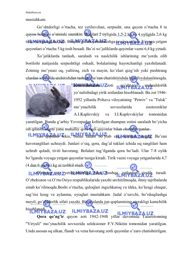 ilmiybaza.uz 
 
mustahkam.  
Go’shtdorligi o’rtacha, tez yetiluvchan, serpusht, ona quyon o’rtacha 8 ta 
quyon bolasini o’stirishi mumkin. Bolalari 2 oyligida 1,5-2 kg va 4 oyligida 2,6 kg 
tirik vaznga ega bo’ladi. Broyler go’sht yetishtirishga tavsiya etiladi. Voyaga yetgan 
quyonlari o’rtacha 5 kg tosh bosadi. Ba’zi xo’jaliklarda quyonlar vazni 6,4 kg yetadi. 
Xo’jaliklarda tanlash, saralash va naslchilik ishlarining me’yorda olib 
borilishi natijasida serpushtligi oshadi, bolalarining hayotchanligi yaxshilanadi. 
Zotning mo’ynasi oq, yaltiroq, zich va mayin, ko’zlari qizg’ish yoki pushtrang 
ulardan sof holda urchitishdan tashqari ba’zan chatishtirishda ham foydalanilmoqda. 
Kumushsimon 
zoti 
go’sht-teri 
mahsuldorlik 
yo’nalishidagi yirik zotlardan hisoblanadi. Bu zot 1946-
1952 yillarda Poltava viloyatining "Petrov" va "Tulsk" 
mo’ynachilik 
sovxozlarida 
zootexniklar 
A.I.Kaplevskiy 
va 
I.I.Kaplevskiylar 
tomonidan 
yaratilgan. Bunda g’arbiy Yevropadan keltirilgan shampan zotini saralash bo’yicha 
ish qilinib, ularni yana mahalliy qora tusli quyonlar bilan chatishtirganlar. 
Jun qoplami tekis, butun tanasi bo’ylab eski kumush rangda. Ba’zan 
havoranglilari uchraydi. Junlari o’siq, qora, dag’al tuklari ichida oq ranglilari ham 
uchrab qoladi, tiviti havorang. Bolalari tug’ilganda qora bo’ladi. Ular 7-8 oylik 
bo’lganda voyaga yetgan quyonlar tusiga kiradi. Tirik vazni voyaga yetganlarida 4,7 
(4 dan 6 gacha) kg ni tashkil etadi. 
O’zining tez yetiluvchanligi bilan boshqa zotlardan ajralib turadi. 
O’zbekiston va O’rta Osiyo respublikalarida yaxshi urchitilmoqda, ilmiy tajribalarda 
sinab ko’rilmoqda.Boshi o’rtacha, quloqlari ingichkaroq va tikka, ko’kragi chuqur, 
sag’risi keng va aylanma, oyoqlari mustahkam. Jadal o’suvchi, bo’rdoqilashga 
moyil, go’shtdorlik sifati yaxshi. Biroq ularda jun qoplamining siyrakligi kamchilik 
hisoblanadi. 
Qora qo’ng’ir quyon zoti 1942-1948 yillar davomida Tataristonning 
"Viryuli" mo’ynachilik sovxozida seleksioner F.V.Nikitin tomonidan yaratilgan. 
Unda asosan oq ulkan, flandr va vena havorang zotli quyonlar o’zaro chatishtirilgan. 
