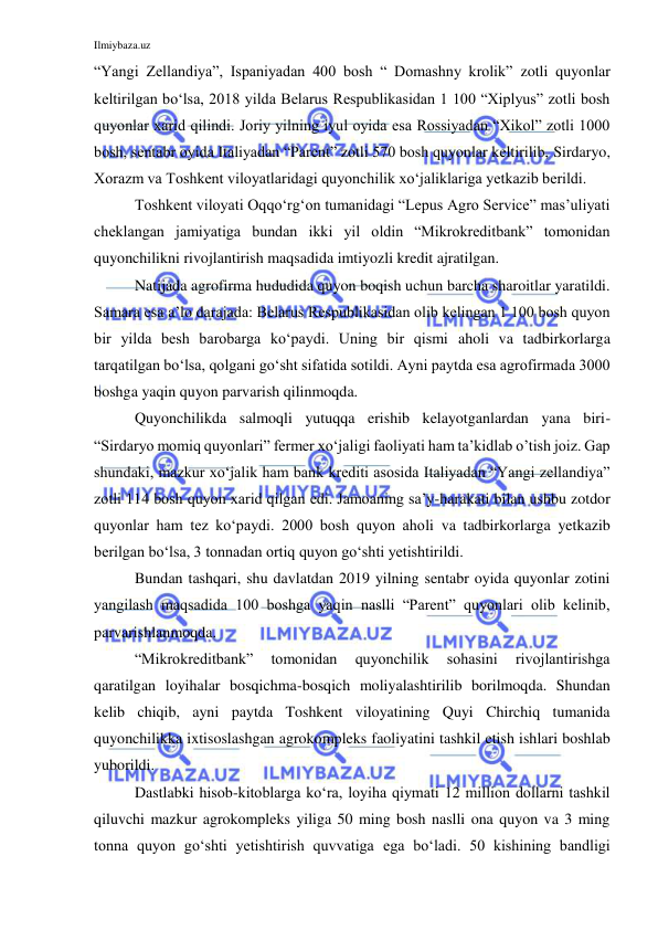 Ilmiybaza.uz 
 
“Yangi Zellandiya”, Ispaniyadan 400 bosh “ Domashny krolik” zotli quyonlar 
keltirilgan bo‘lsa, 2018 yilda Belarus Respublikasidan 1 100 “Xiplyus” zotli bosh 
quyonlar xarid qilindi. Joriy yilning iyul oyida esa Rossiyadan “Xikol” zotli 1000 
bosh, sentabr oyida Italiyadan “Parent” zotli 570 bosh quyonlar keltirilib, Sirdaryo, 
Xorazm va Toshkent viloyatlaridagi quyonchilik xo‘jaliklariga yetkazib berildi. 
Toshkent viloyati Oqqo‘rg‘on tumanidagi “Lepus Agro Service” mas’uliyati 
cheklangan jamiyatiga bundan ikki yil oldin “Mikrokreditbank” tomonidan 
quyonchilikni rivojlantirish maqsadida imtiyozli kredit ajratilgan.  
Natijada agrofirma hududida quyon boqish uchun barcha sharoitlar yaratildi. 
Samara esa a’lo darajada: Belarus Respublikasidan olib kelingan 1 100 bosh quyon 
bir yilda besh barobarga ko‘paydi. Uning bir qismi aholi va tadbirkorlarga 
tarqatilgan bo‘lsa, qolgani go‘sht sifatida sotildi. Ayni paytda esa agrofirmada 3000 
boshga yaqin quyon parvarish qilinmoqda. 
Quyonchilikda salmoqli yutuqqa erishib kelayotganlardan yana biri-
“Sirdaryo momiq quyonlari” fermer xo‘jaligi faoliyati ham ta’kidlab o’tish joiz. Gap 
shundaki, mazkur xo‘jalik ham bank krediti asosida Italiyadan “Yangi zellandiya” 
zotli 114 bosh quyon xarid qilgan edi. Jamoaning sa’y-harakati bilan ushbu zotdor 
quyonlar ham tez ko‘paydi. 2000 bosh quyon aholi va tadbirkorlarga yetkazib 
berilgan bo‘lsa, 3 tonnadan ortiq quyon go‘shti yetishtirildi. 
Bundan tashqari, shu davlatdan 2019 yilning sentabr oyida quyonlar zotini 
yangilash maqsadida 100 boshga yaqin naslli “Parent” quyonlari olib kelinib, 
parvarishlanmoqda. 
“Mikrokreditbank” 
tomonidan 
quyonchilik 
sohasini 
rivojlantirishga 
qaratilgan loyihalar bosqichma-bosqich moliyalashtirilib borilmoqda. Shundan 
kelib chiqib, ayni paytda Toshkent viloyatining Quyi Chirchiq tumanida 
quyonchilikka ixtisoslashgan agrokompleks faoliyatini tashkil etish ishlari boshlab 
yuborildi. 
Dastlabki hisob-kitoblarga ko‘ra, loyiha qiymati 12 million dollarni tashkil 
qiluvchi mazkur agrokompleks yiliga 50 ming bosh naslli ona quyon va 3 ming 
tonna quyon go‘shti yetishtirish quvvatiga ega bo‘ladi. 50 kishining bandligi 
