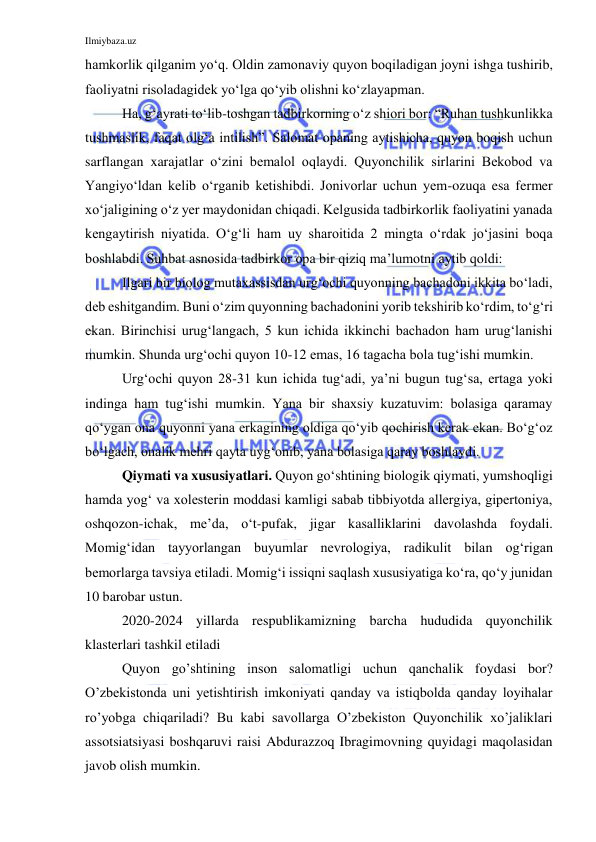 Ilmiybaza.uz 
 
hamkorlik qilganim yo‘q. Oldin zamonaviy quyon boqiladigan joyni ishga tushirib, 
faoliyatni risoladagidek yo‘lga qo‘yib olishni ko‘zlayapman. 
Ha, g‘ayrati to‘lib-toshgan tadbirkorning o‘z shiori bor: “Ruhan tushkunlikka 
tushmaslik, faqat olg‘a intilish”. Salomat opaning aytishicha, quyon boqish uchun 
sarflangan xarajatlar o‘zini bemalol oqlaydi. Quyonchilik sirlarini Bekobod va 
Yangiyo‘ldan kelib o‘rganib ketishibdi. Jonivorlar uchun yem-ozuqa esa fermer 
xo‘jaligining o‘z yer maydonidan chiqadi. Kelgusida tadbirkorlik faoliyatini yanada 
kengaytirish niyatida. O‘g‘li ham uy sharoitida 2 mingta o‘rdak jo‘jasini boqa 
boshlabdi. Suhbat asnosida tadbirkor opa bir qiziq ma’lumotni aytib qoldi: 
Ilgari bir biolog mutaxassisdan urg‘ochi quyonning bachadoni ikkita bo‘ladi, 
deb eshitgandim. Buni o‘zim quyonning bachadonini yorib tekshirib ko‘rdim, to‘g‘ri 
ekan. Birinchisi urug‘langach, 5 kun ichida ikkinchi bachadon ham urug‘lanishi 
mumkin. Shunda urg‘ochi quyon 10-12 emas, 16 tagacha bola tug‘ishi mumkin.  
Urg‘ochi quyon 28-31 kun ichida tug‘adi, ya’ni bugun tug‘sa, ertaga yoki 
indinga ham tug‘ishi mumkin. Yana bir shaxsiy kuzatuvim: bolasiga qaramay 
qo‘ygan ona quyonni yana erkagining oldiga qo‘yib qochirish kerak ekan. Bo‘g‘oz 
bo‘lgach, onalik mehri qayta uyg‘onib, yana bolasiga qaray boshlaydi. 
Qiymati va xususiyatlari. Quyon go‘shtining biologik qiymati, yumshoqligi 
hamda yog‘ va xolesterin moddasi kamligi sabab tibbiyotda allergiya, gipertoniya, 
oshqozon-ichak, me’da, o‘t-pufak, jigar kasalliklarini davolashda foydali. 
Momig‘idan tayyorlangan buyumlar nevrologiya, radikulit bilan og‘rigan 
bemorlarga tavsiya etiladi. Momig‘i issiqni saqlash xususiyatiga ko‘ra, qo‘y junidan 
10 barobar ustun. 
2020-2024 yillarda respublikamizning barcha hududida quyonchilik 
klasterlari tashkil etiladi 
Quyon go’shtining inson salomatligi uchun qanchalik foydasi bor? 
O’zbekistonda uni yetishtirish imkoniyati qanday va istiqbolda qanday loyihalar 
ro’yobga chiqariladi? Bu kabi savollarga O’zbekiston Quyonchilik xo’jaliklari 
assotsiatsiyasi boshqaruvi raisi Abdurazzoq Ibragimovning quyidagi maqolasidan 
javob olish mumkin. 
