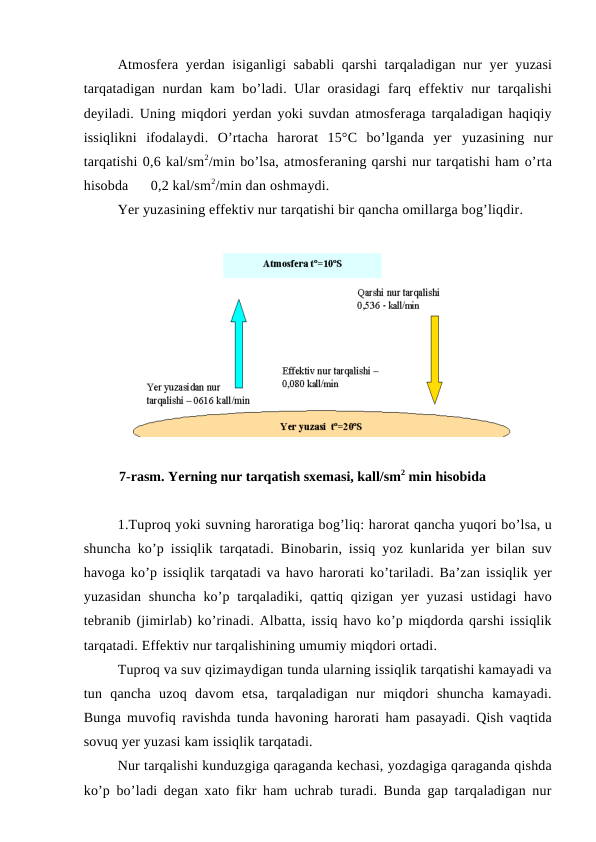 Atmosfera yerdan isiganligi sababli  qarshi  tarqaladigan nur yer yuzasi
tarqatadigan  nurdan  kam  bo’ladi. Ular  orasidagi  farq effektiv nur  tarqalishi
deyiladi. Uning miqdori yerdan yoki suvdan atmosferaga tarqaladigan haqiqiy
issiqlikni  ifodalaydi.  O’rtacha  harorat  15°C  bo’lganda  yer yuzasining  nur
tarqatishi 0,6 kal/sm2/min bo’lsa, atmosferaning qarshi nur tarqatishi ham o’rta
hisobda      0,2 kal/sm2/min dan oshmaydi.
Yer yuzasining effektiv nur tarqatishi bir qancha omillarga bog’liqdir.
7-rasm. Yerning nur tarqatish sxemasi, kall/sm2 min hisobida
1.Tuproq yoki suvning haroratiga bog’liq: harorat qancha yuqori bo’lsa, u
shuncha ko’p issiqlik tarqatadi. Binobarin, issiq yoz kunlarida yer bilan suv
havoga ko’p issiqlik tarqatadi va havo harorati ko’tariladi. Ba’zan issiqlik yer
yuzasidan shuncha  ko’p tarqaladiki, qattiq qizigan yer yuzasi  ustidagi  havo
tebranib (jimirlab) ko’rinadi. Albatta, issiq havo ko’p miqdorda qarshi issiqlik
tarqatadi. Effektiv nur tarqalishining umumiy miqdori ortadi.
Tuproq va suv qizimaydigan tunda ularning issiqlik tarqatishi kamayadi va
tun  qancha  uzoq  davom  etsa,  tarqaladigan  nur  miqdori  shuncha  kamayadi.
Bunga muvofiq ravishda tunda havoning harorati ham pasayadi. Qish vaqtida
sovuq yer yuzasi kam issiqlik tarqatadi.
Nur tarqalishi kunduzgiga qaraganda kechasi, yozdagiga qaraganda qishda
ko’p bo’ladi degan xato fikr ham uchrab turadi. Bunda gap tarqaladigan nur
