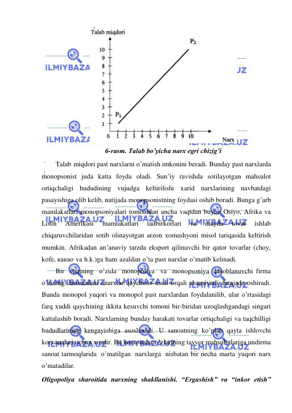  
 
 
6-rasm. Talab bo’yicha narx egri chizig’i 
Talab miqdori past narxlarni o’matish imkonini beradi. Bunday past narxlarda 
monopsonist juda katta foyda oladi. Sun’iy ravishda sotilayotgan mahsulot 
ortiqchaligi hududining vujudga keltirilishi xarid narxlarining navbatdagi 
pasayishiga olib kelib, natijada monopsonistning foydasi oshib boradi. Bunga g’arb 
mamlakatlari monopsoniyalari tomonidan ancha vaqtdan buyon Osiyo, Afrika va 
Lotin 
Amerikasi 
mamlakatlari 
tadbirkorlari 
va 
mayda 
tovar 
ishlab 
chiqaruvchilaridan sotib olinayotgan arzon xomashyoni misol tariqasida keltirish 
mumkin. Afrikadan an’anaviy tarzda eksport qilinuvchi bir qator tovarlar (choy, 
kofe, какао va h.k.)ga ham azaldan o’ta past narxlar o’matib kelinadi. 
Bir vaqtning o’zida monopoliya va monopsoniya hisoblanuvchi firma 
o’zining daromadini «narxlar qaychisi» usuli orqali aharniyatli darajada oshiradi. 
Bunda monopol yuqori va monopol past narxlardan foydalanilib, ular o’rtasidagi 
farq xuddi qaychining ikkita kesuvchi tomoni bir-biridan uzoqlashgandagi singari 
kattalashib boradi. Narxlarning bunday harakati tovarlar ortiqchaligi va taqchilligi 
hududlarining kengayishiga asoslanadi. U sanoatning ko’plab qayta ishlovchi 
korxonalari uchun xosdir. Bu korxonalar o’zlarining tayyor mahsulotlariga undirma 
sanoat tarmoqlarida o’matilgan narxlarga nisbatan bir necha marta yuqori narx 
o’matadilar. 
Oligopoliya sharoitida narxning shakllanishi. “Ergashish” va “inkor etish” 
