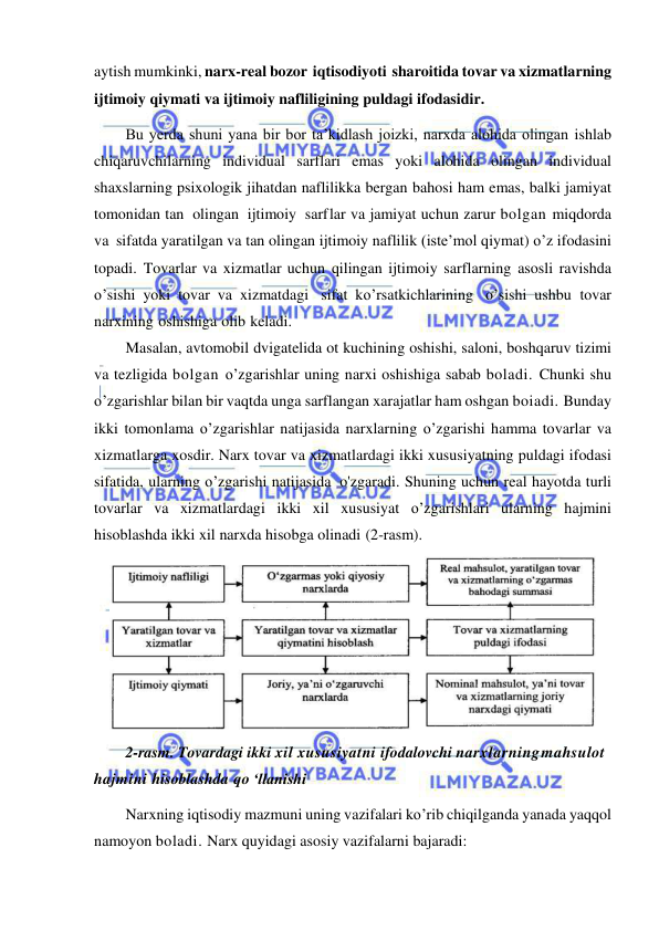  
 
aytish mumkinki, narx-real bozor iqtisodiyoti sharoitida tovar va xizmatlarning 
ijtimoiy qiymati va ijtimoiy nafliligining puldagi ifodasidir. 
Bu yerda shuni yana bir bor ta’kidlash joizki, narxda alohida olingan ishlab 
chiqaruvchilarning individual sarflari emas yoki alohida olingan individual 
shaxslarning psixologik jihatdan naflilikka bergan bahosi ham emas, balki jamiyat 
tomonidan tan olingan ijtimoiy sarf lar va jamiyat uchun zarur bolgan miqdorda 
va sifatda yaratilgan va tan olingan ijtimoiy naflilik (iste’mol qiymat) o’z ifodasini 
topadi. Tovarlar va xizmatlar uchun qilingan ijtimoiy sarflarning asosli ravishda 
o’sishi yoki tovar va xizmatdagi sifat ko’rsatkichlarining o’sishi ushbu tovar 
narxining oshishiga olib keladi. 
Masalan, avtomobil dvigatelida ot kuchining oshishi, saloni, boshqaruv tizimi 
va tezligida bolgan o’zgarishlar uning narxi oshishiga sabab boladi. Chunki shu 
o’zgarishlar bilan bir vaqtda unga sarflangan xarajatlar ham oshgan boiadi. Bunday 
ikki tomonlama o’zgarishlar natijasida narxlarning o’zgarishi hamma tovarlar va 
xizmatlarga xosdir. Narx tovar va xizmatlardagi ikki xususiyatning puldagi ifodasi 
sifatida, ularning o’zgarishi natijasida o'zgaradi. Shuning uchun real hayotda turli 
tovarlar va xizmatlardagi ikki xil xususiyat o’zgarishlari ularning hajmini 
hisoblashda ikki xil narxda hisobga olinadi (2-rasm). 
 
2-rasm. Tovardagi ikki xil xususiyatni ifodalovchi narxlarning mahsulot 
hajmini hisoblashda qo ‘llanishi 
Narxning iqtisodiy mazmuni uning vazifalari ko’rib chiqilganda yanada yaqqol 
namoyon boladi. Narx quyidagi asosiy vazifalarni bajaradi: 
