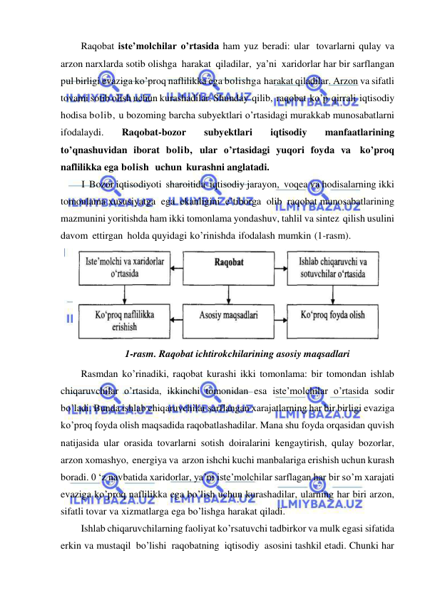  
 
Raqobat iste’molchilar o’rtasida ham yuz beradi: ular tovarlarni qulay va 
arzon narxlarda sotib olishga harakat qiladilar, ya’ni xaridorlar har bir sarflangan 
pul birligi evaziga ko’proq naflilikka ega bolishga harakat qiladilar. Arzon va sifatli 
tovami sotib olish uchun kurashadilar. Shunday qilib, raqobat ko’p qirrali iqtisodiy 
hodisa bolib, u bozoming barcha subyektlari o’rtasidagi murakkab munosabatlarni 
ifodalaydi. 
Raqobat-bozor 
subyektlari 
iqtisodiy 
manfaatlarining 
to’qnashuvidan iborat bolib, ular o’rtasidagi yuqori foyda va ko’proq 
naflilikka ega bolish  uchun kurashni anglatadi. 
 I Bozor iqtisodiyoti sharoitida iqtisodiy jarayon, voqea va hodisalarning ikki 
tomonlama xususiyatga ega ekanligini e’tiborga olib raqobat munosabatlarining 
mazmunini yoritishda ham ikki tomonlama yondashuv, tahlil va sintez qilish usulini 
davom ettirgan holda quyidagi ko’rinishda ifodalash mumkin (1-rasm). 
 
1-rasm. Raqobat ichtirokchilarining asosiy maqsadlari 
Rasmdan ko’rinadiki, raqobat kurashi ikki tomonlama: bir tomondan ishlab 
chiqaruvchilar o’rtasida, ikkinchi tomonidan esa iste’molchilar o’rtasida sodir 
bo’ladi. Bunda ishlab chiqaruvchilar sarflangan xarajatlarning har bir birligi evaziga 
ko’proq foyda olish maqsadida raqobatlashadilar. Mana shu foyda orqasidan quvish 
natijasida ular orasida tovarlarni sotish doiralarini kengaytirish, qulay bozorlar, 
arzon xomashyo, energiya va arzon ishchi kuchi manbalariga erishish uchun kurash 
boradi. 0 ‘z navbatida xaridorlar, ya’ni iste’molchilar sarflagan har bir so’m xarajati 
evaziga ko’proq naflilikka ega bo’lish uchun kurashadilar, ularning har biri arzon, 
sifatli tovar va xizmatlarga ega bo’lishga harakat qiladi. 
Ishlab chiqaruvchilarning faoliyat ko’rsatuvchi tadbirkor va mulk egasi sifatida 
erkin va mustaqil bo’lishi raqobatning iqtisodiy asosini tashkil etadi. Chunki har 
