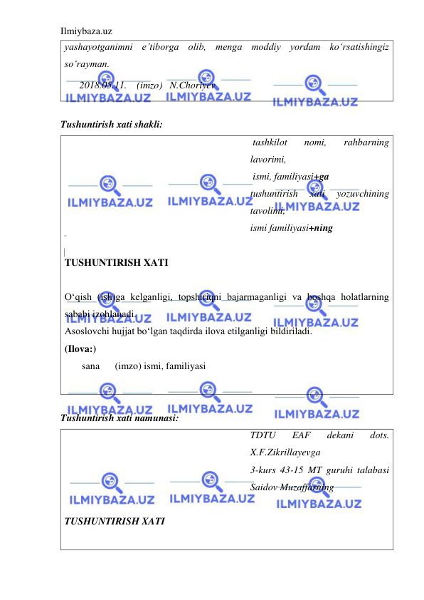 Ilmiybaza.uz 
 
yashayotganimni e’tiborga olib, menga moddiy yordam ko‘rsatishingiz 
so‘rayman. 
      2018.05.11.    (imzo)   N.Choriyev 
 
Tushuntirish xati shakli: 
 tashkilot 
nomi, 
rahbarning 
lavorimi, 
 ismi, familiyasi+ga 
tushuntirish 
xati 
yozuvchining 
tavolimi,  
ismi familiyasi+ning 
 
TUSHUNTIRISH XATI 
   
O‘qish (ish)ga kelganligi, topshiriqni bajarmaganligi va boshqa holatlarning 
sababi izohlanadi. 
Asoslovchi hujjat bo‘lgan taqdirda ilova etilganligi bildiriladi. 
(Ilova:) 
       sana 
(imzo) ismi, familiyasi 
 
 
Tushuntirish xati namunasi: 
TDTU 
EAF 
dekani 
dots. 
X.F.Zikrillayevga 
3-kurs 43-15 MT guruhi talabasi 
Saidov Muzaffarning  
 
TUSHUNTIRISH XATI 
   
