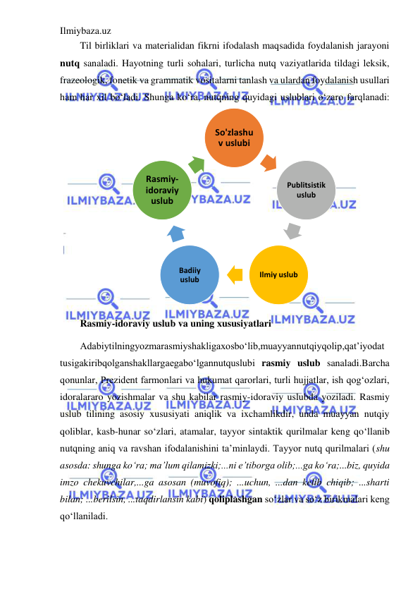 Ilmiybaza.uz 
 
Til birliklari va materialidan fikrni ifodalash maqsadida foydalanish jarayoni 
nutq sanaladi. Hayotning turli sohalari, turlicha nutq vaziyatlarida tildagi leksik, 
frazeologik, fonetik va grammatik vositalarni tanlash va ulardan foydalanish usullari 
ham har xil bo‘ladi. Shunga ko‘ra, nutqning quyidagi uslublari o‘zaro farqlanadi:
 
 
Rasmiy-idoraviy uslub va uning xususiyatlari 
Adabiytilningyozmarasmiyshakligaxosbo‘lib,muayyannutqiyqolip,qat’iyodat 
tusigakiribqolganshakllargaegabo‘lgannutquslubi rasmiy uslub sanaladi.Barcha 
qonunlar, Prezident farmonlari va hukumat qarorlari, turli hujjatlar, ish qog‘ozlari, 
idoralararo yozishmalar va shu kabilar rasmiy-idoraviy uslubda yoziladi. Rasmiy 
uslub tilining asosiy xususiyati aniqlik va ixchamlikdir, unda muayyan nutqiy 
qoliblar, kasb-hunar so‘zlari, atamalar, tayyor sintaktik qurilmalar keng qo‘llanib 
nutqning aniq va ravshan ifodalanishini ta’minlaydi. Tayyor nutq qurilmalari (shu 
asosda: shunga ko‘ra; ma’lum qilamizki;...ni e’tiborga olib;...ga ko‘ra;...biz, quyida 
imzo chekuvchilar,...ga asosan (muvofiq); ...uchun, ...dan kelib chiqib; ...sharti 
bilan; ...berilsin, ...taqdirlansin kabi) qoliplashgan so‘zlar va so‘z birikmalari keng 
qo‘llaniladi. 
So'zlashu
v uslubi
Publitsistik 
uslub
Ilmiy uslub
Badiiy 
uslub
Rasmiy-
idoraviy 
uslub
